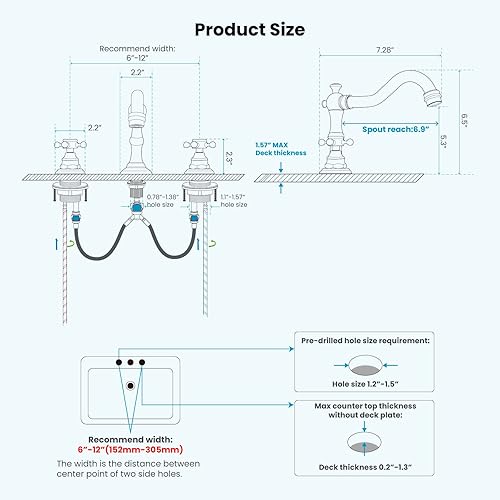 Miniatura 6 de gotonovo Grifo de lavabo de baño de 3 agujeros, doble mango cruzado, grifo mezclador para lavabo de baño, grifo de tocador, montaje en cubierta,