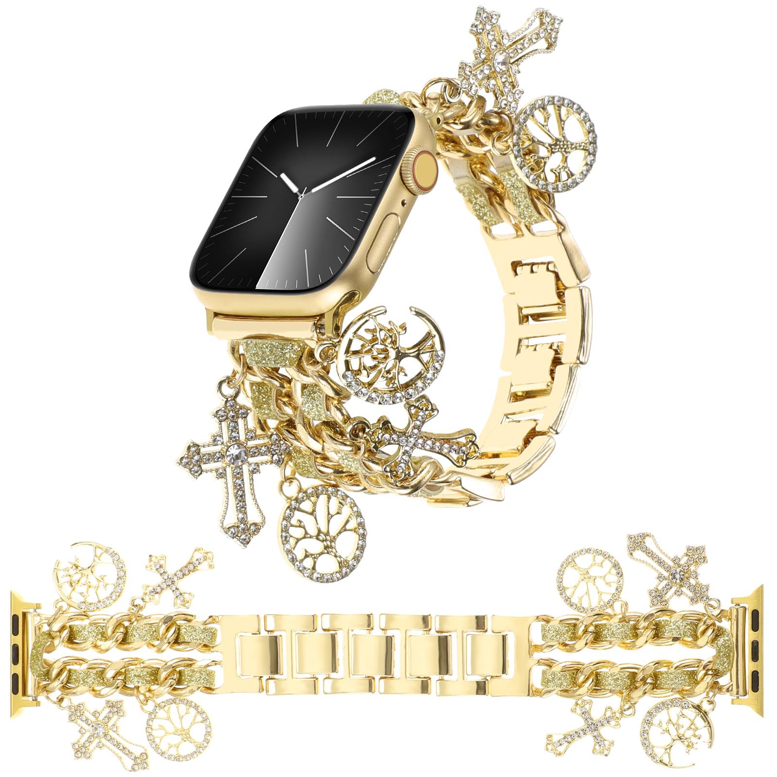 REALSIGN Stylish Metal Bands Compatible with Apple Watch Band 49/46/45/44/42mm 41/40/38mm Women,Cuban Chain Band with Cute Pendants Love Cross Charms