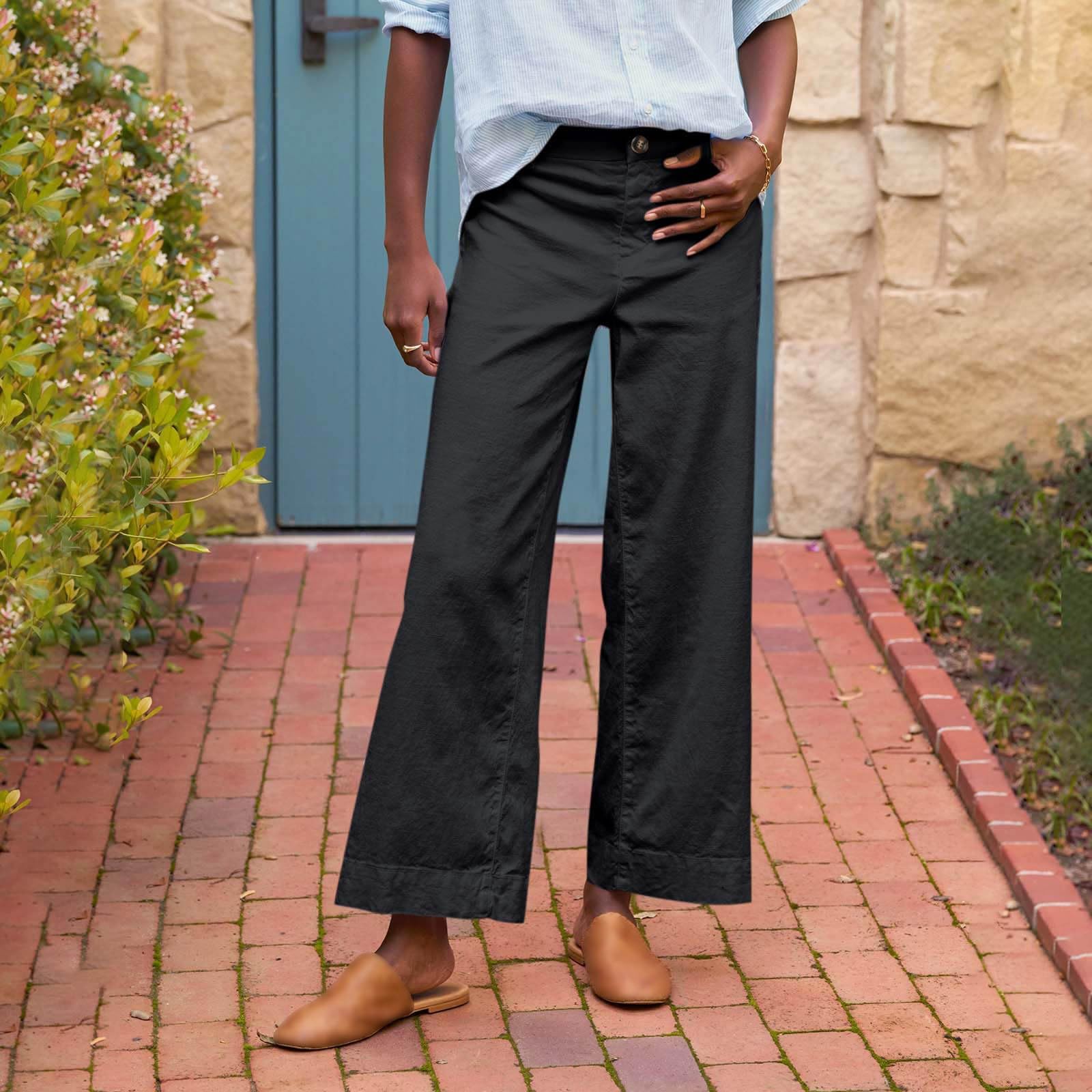 Women's Linen Pants Wide Leg Casual Work Dress Pants with Pockets High Waisted Baggy Solid Trendy Comfy Business Pant Black XXL