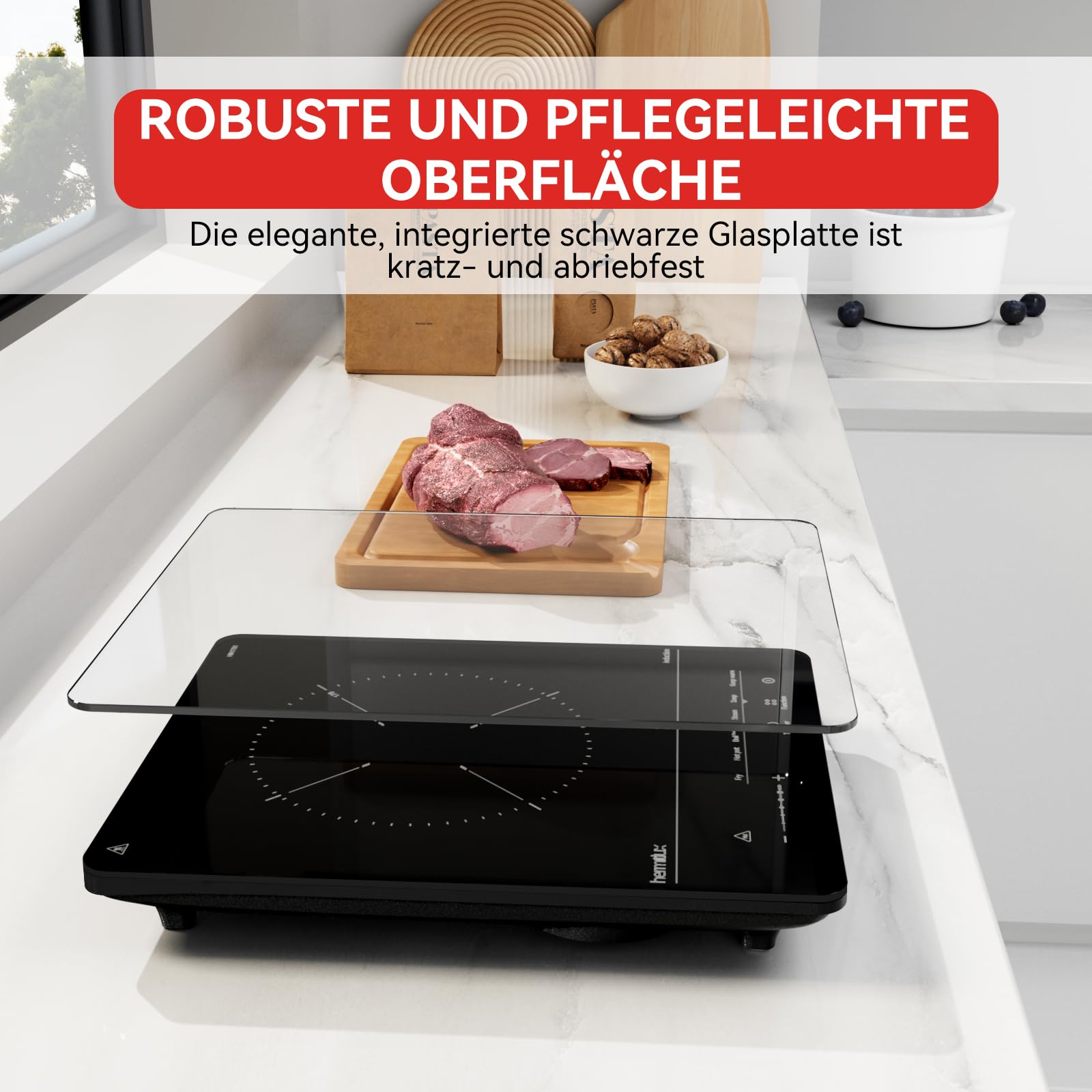 Hermitlux Induktionskochfeld 1 Platte 2100W 28cm mit Timer Touch-Steuerung 9 Leistungsstufen Kindersicherung Glaskeramik