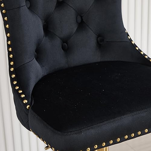 Miniatura 3 de Taburetes de bar negros juego de 2 sillas de cocina giratorias de terciopelo con respaldo alto acolchado, taburetes dorados modernos tapizados con
