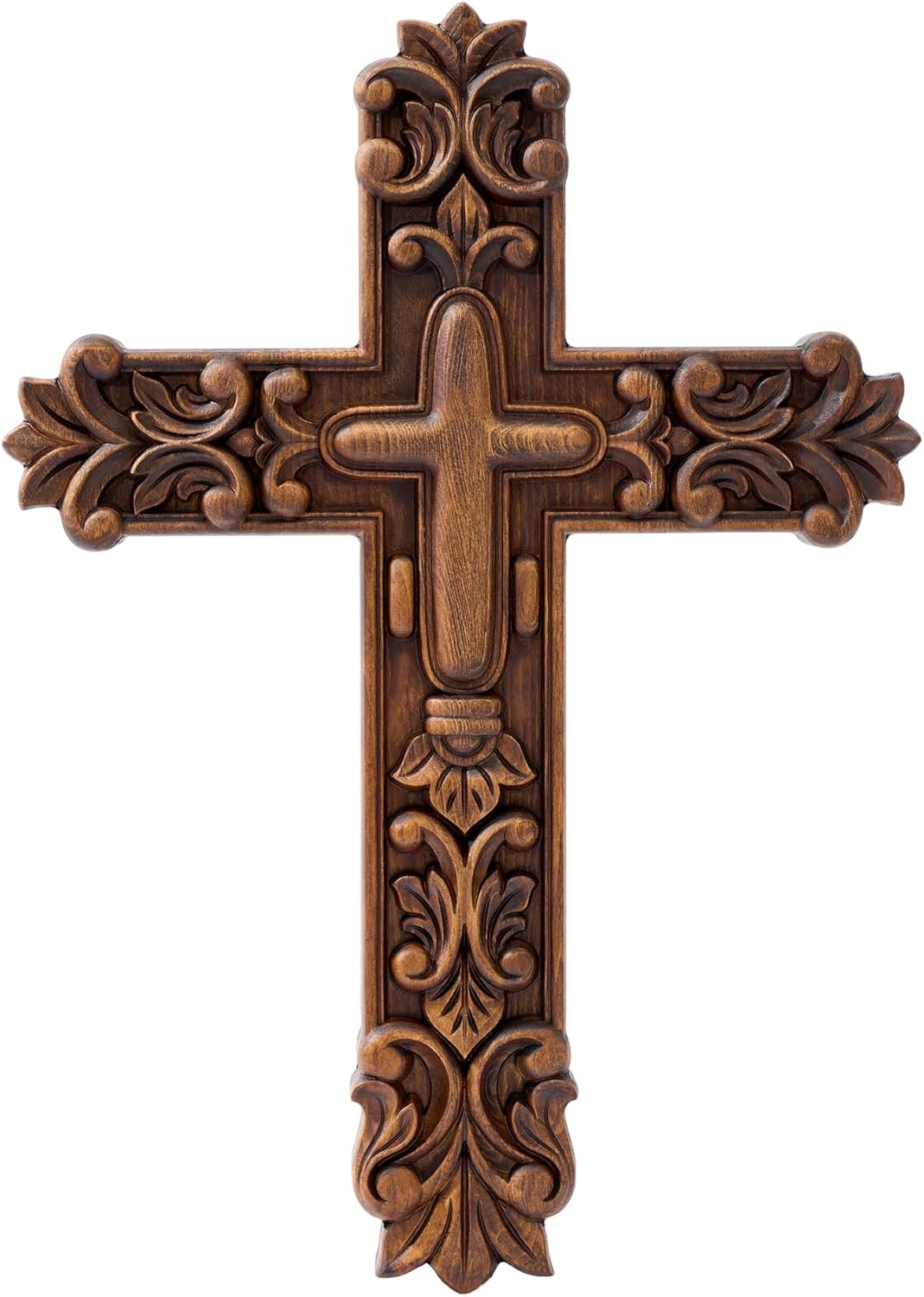 BGCarvedGrace Handcrafted Wooden Wall Cross with Ornate Lily Flower Carved Design, Decorative Religious Home Decor (20 Inch)