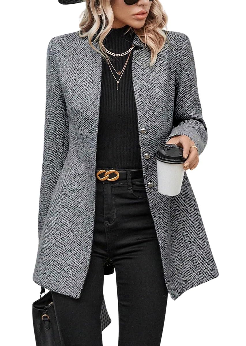 chouyatou Womens Business Casual Herringbone Wool Coat Button Up Notch Collar Dressy Blazer Jacket