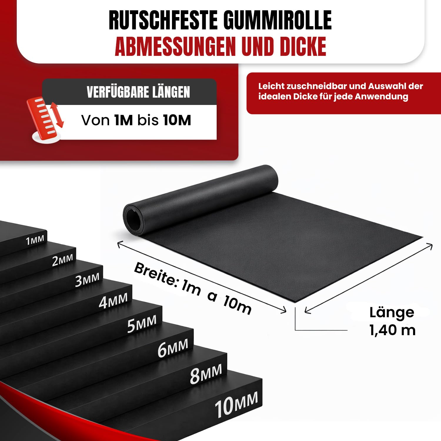 Gummimatten Antirutschmatte Meterware, rutschfeste Bautenschutzmatte 140 cm Breite, 1–10 m Länge, 1–10 mm Stärke, stoßdämpfend, feuchtigkeitsbeständig für Industrie, KFZ, Garagenboden, Werkbank, Lager