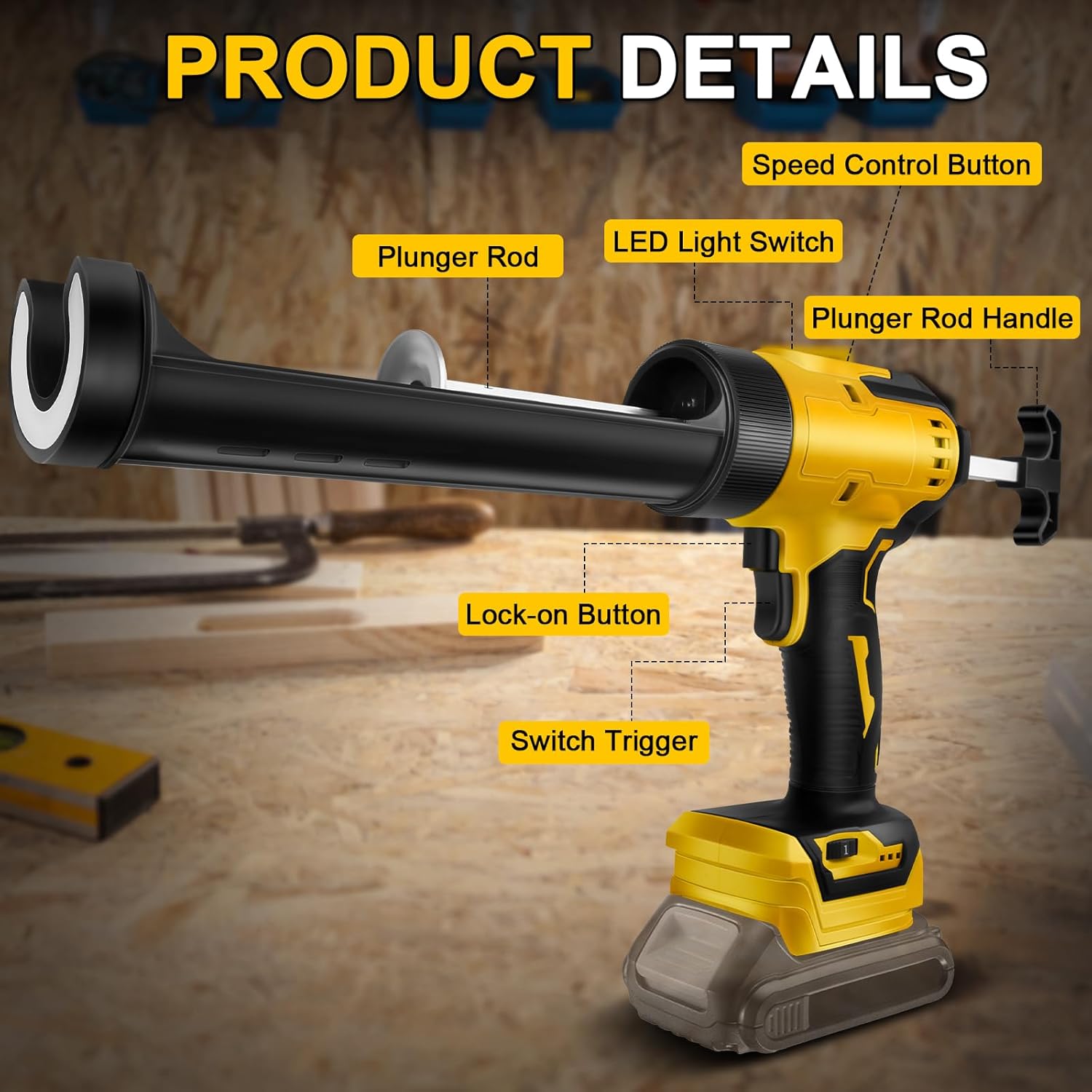 Cordless Caulking Gun Compatible with Dewalt 20V Battery, Anti-drip Function with LED Light and 6 Adjustable Speeds for Repairing Floor Tiles and Sealing (No Battery)