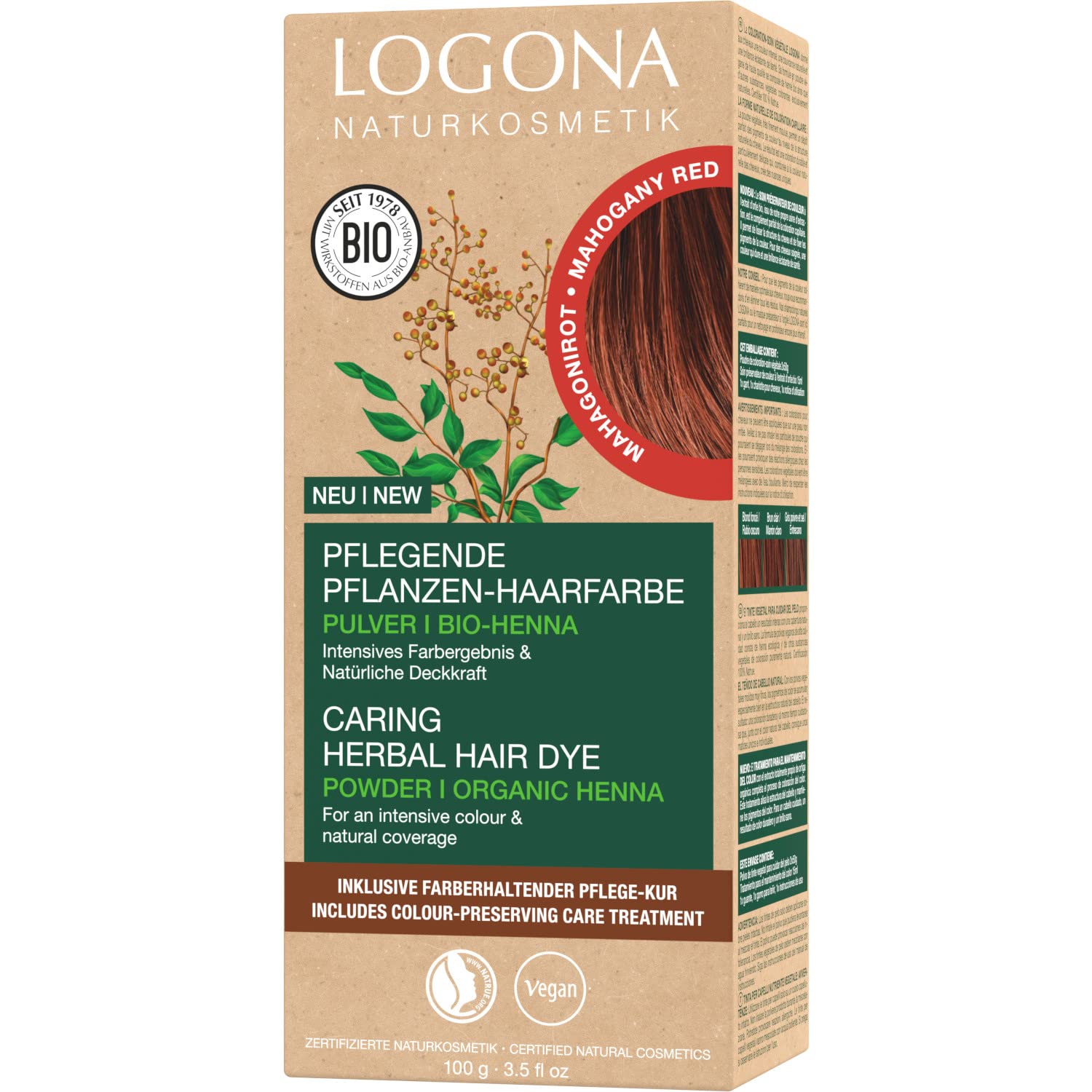 LOGONA Pflegende pflanzliche Haarfarbe Veganes Haarfarbe-Pulver mit Bio-Henna für Mahagonirot (Rot-Braun), 1 x 100g