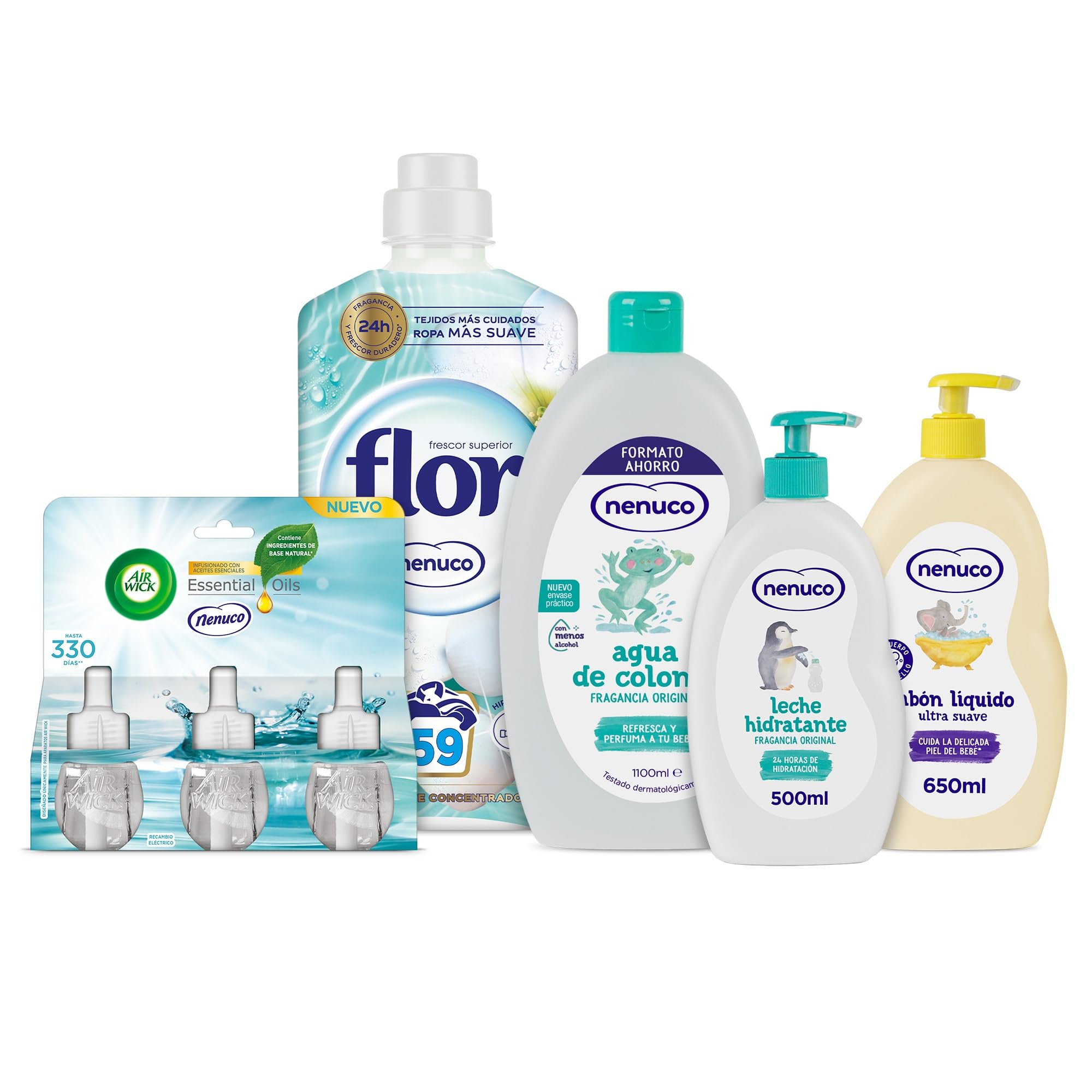 Nenuco Jabón Líquido Ultra Suave, 650 ml + Agua de Colonia, 1100 ml + Leche Hidratante, 500 ml + Suavizante Concentrado, 59 Lavados + Colon Detergente Gel, 34 Lavados + Air Wick Eléctrico, 3 Unidades