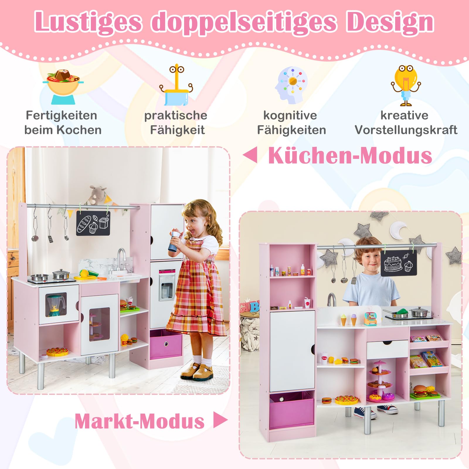COSTWAY 2 in 1 Kinderküche & Kaufladen, Spielküche mit Licht und Sound, interaktiver Eismacher & Tafel, inkl. 82 Zubehörteile, doppelseitig, Spielzeugküche für Kinder ab 3 Jahren
