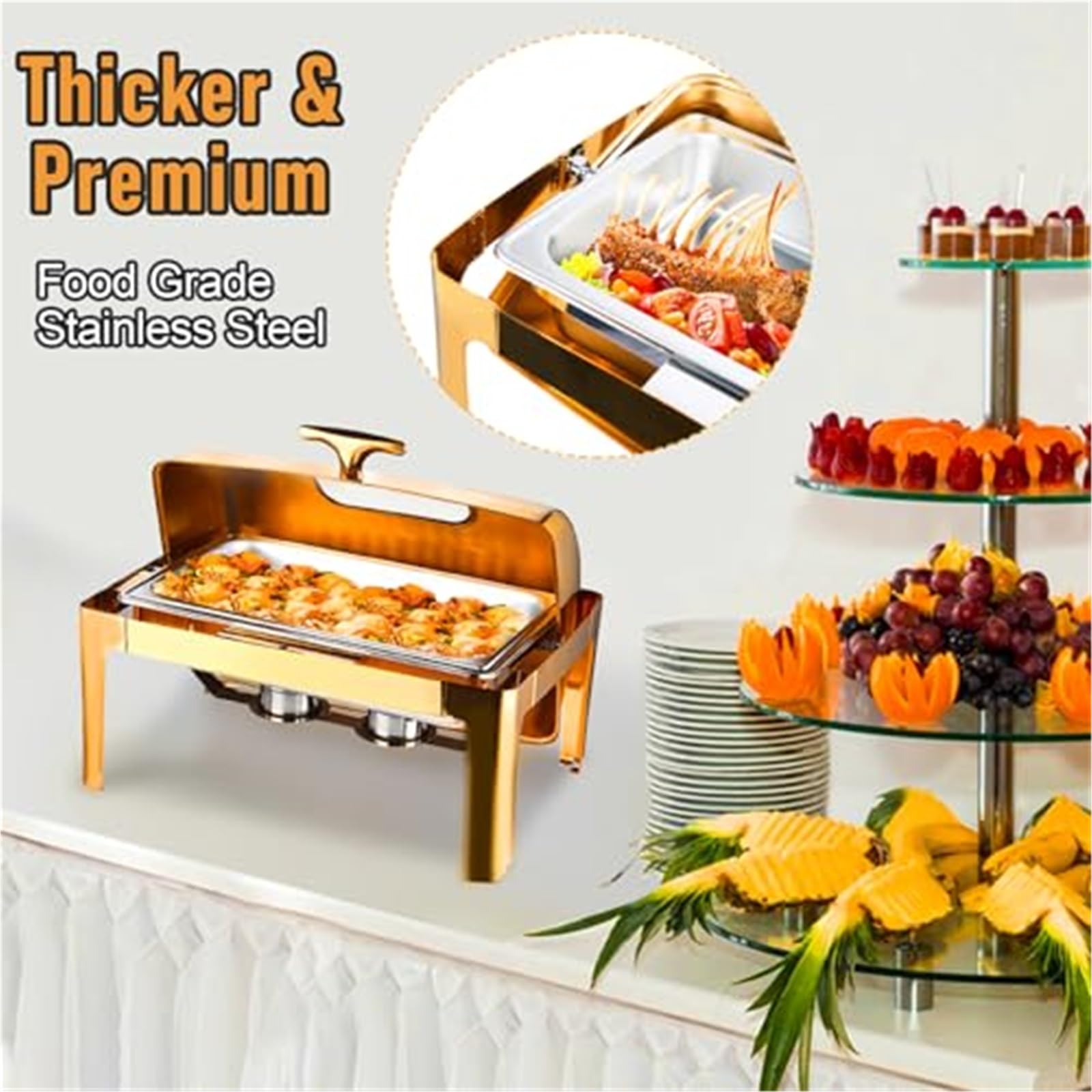 Set da Buffet con scaldavivande da 9 Litri con teglia in Acciaio Inox, teglia per l'acqua, Coperchio, Telaio e bruciatori a combustibile per Catering e Matrimoni.,A-60 * 40 * 47 cm