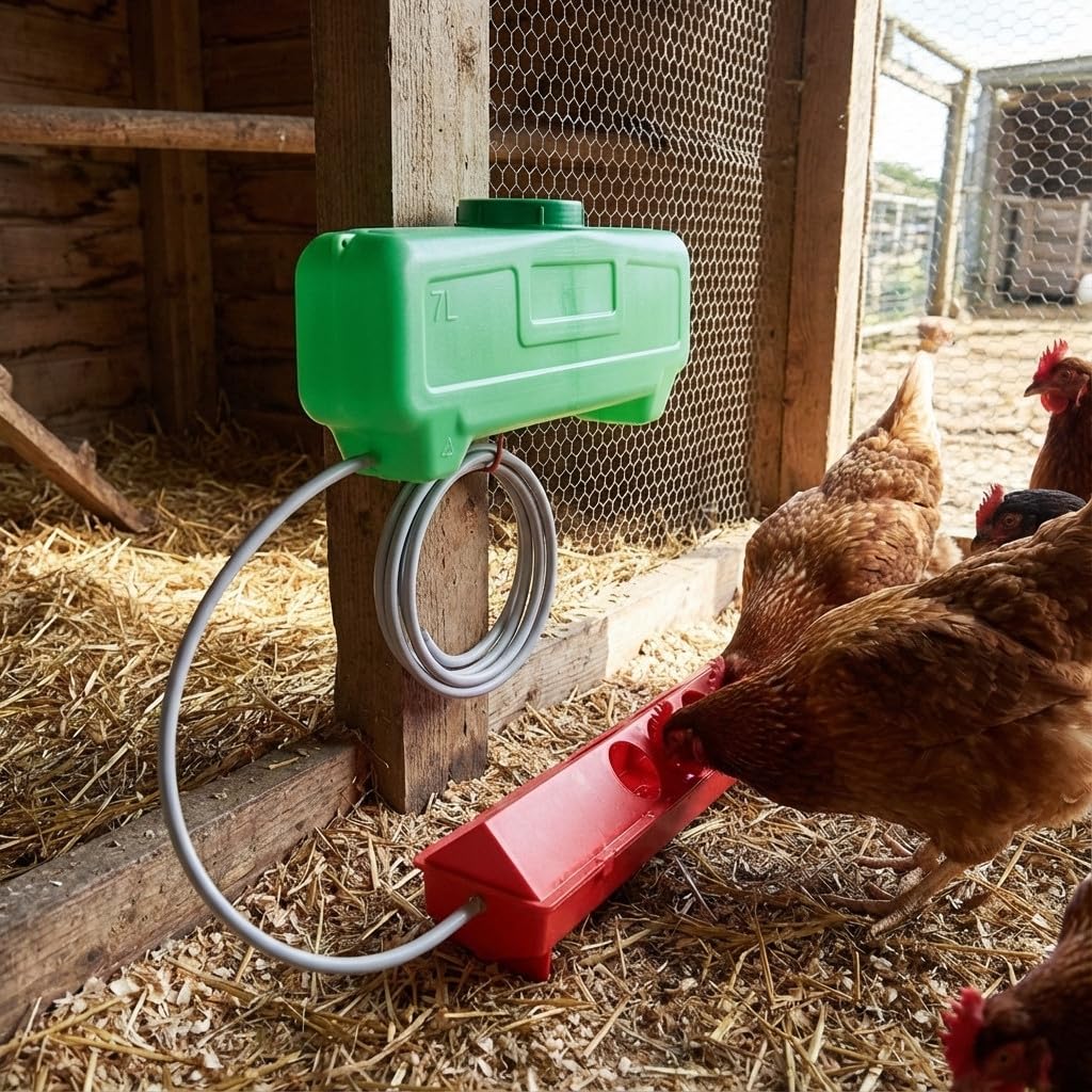 Suinga Kit Bebedero Automático para Gallinas, Palomas y Aves 7 Litros | 50x12x13 cm | Incluye Depósito, Bebedero, Tubería Flexible 25m | 4 Entradas de Agua | Fácil Limpieza y Regulación