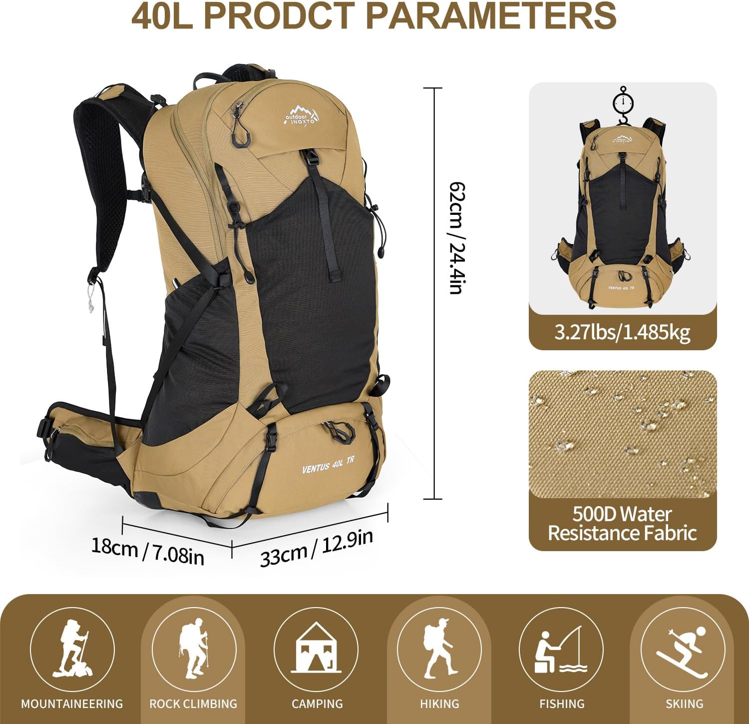 IX INOXTO Hiking Backpack, 26L/40L Waterproof Hiking Daypack with 3L Water Bladder and Rain Cover, Lightweight Travel Camping Backpack for Men Women (Khaki) image 2
