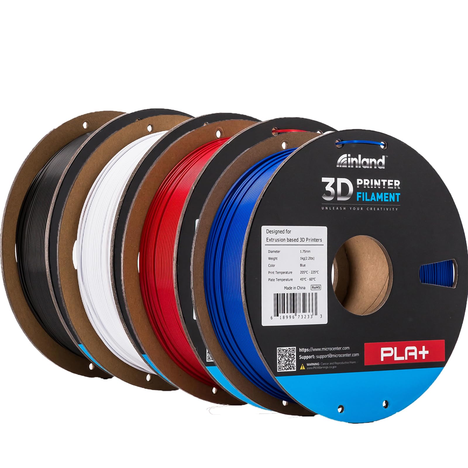 INLAND Micro Center PLA+ 3D Printing Filament 1.75mm - PLA Pro Dimensional Accuracy +/- 0.03 mm - 1kg Cardboard Spool (2.2 lbs) (4 Pack Black, White,