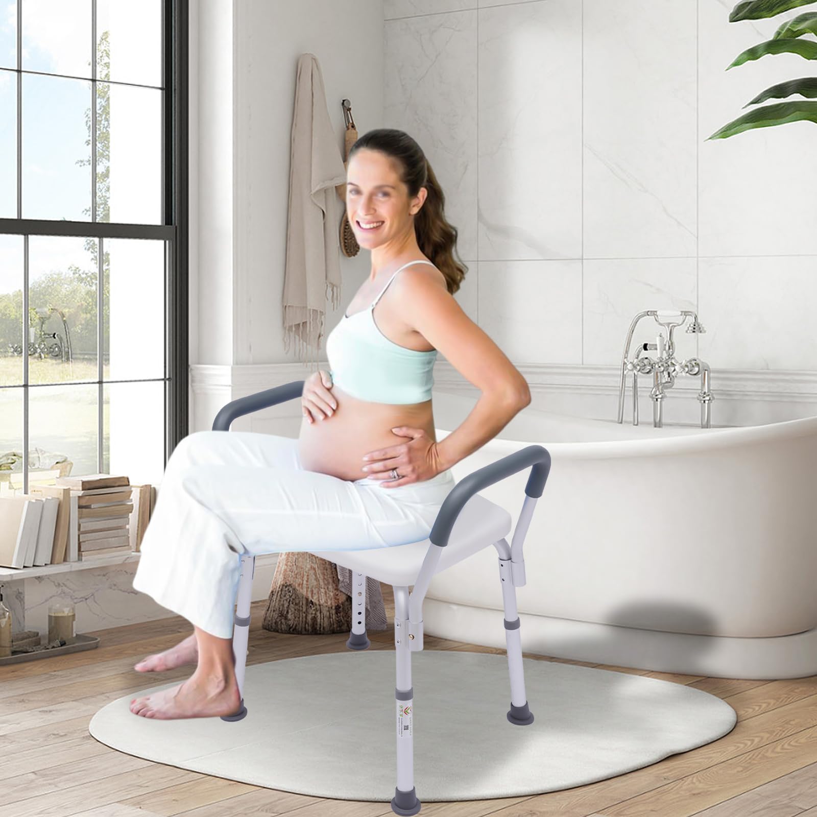 Taburete de ducha con reposabrazos, altura regulable, antideslizante, soporta hasta 150 kg, ayuda moderna para el baño para personas mayores