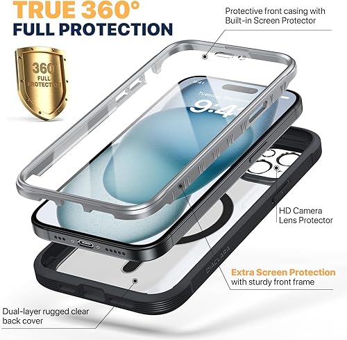Miniatura 2 de Diaclara Funda diseñada para iPhone 15 Plus de 6.7 pulgadas, compatible con MagSafe, funda magnética resistente de cuerpo completo con protector de