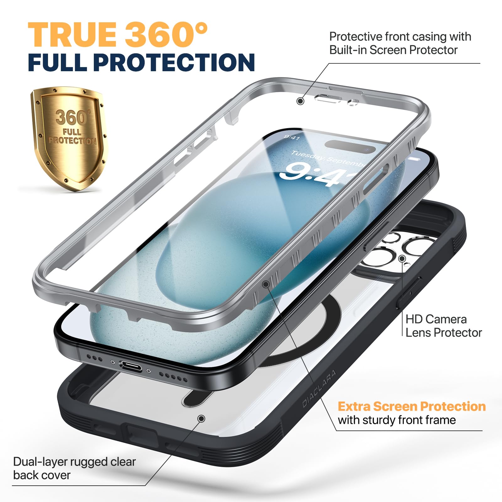 Diaclara Magnetic Designed for iPhone 15 Case, Compatible with MagSafe Built-in Touch Sensitive Anti-Scratch Screen Protector - Image 2