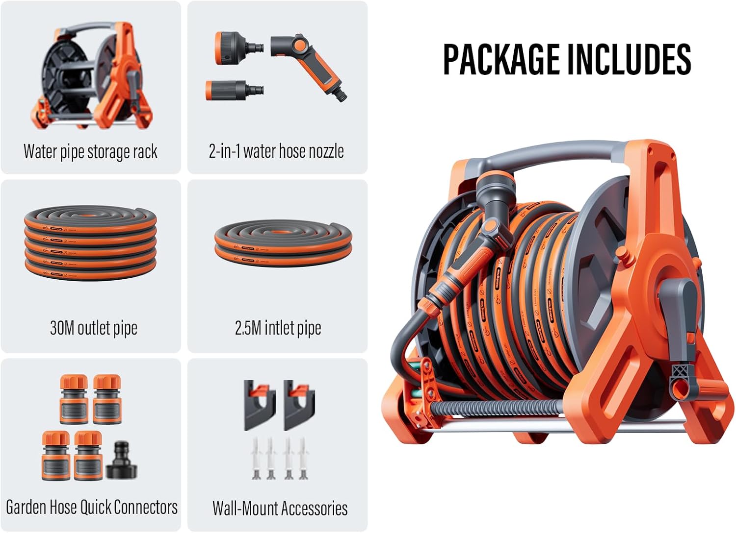 Garden Hose Reel with 1/2" x 100FT Hose, Wall/Floor Mounted Water Hose Holder with 2-IN-1 Multi-Function Spray Nozzle, Portable Outdoor Tools for Car Washing, Watering