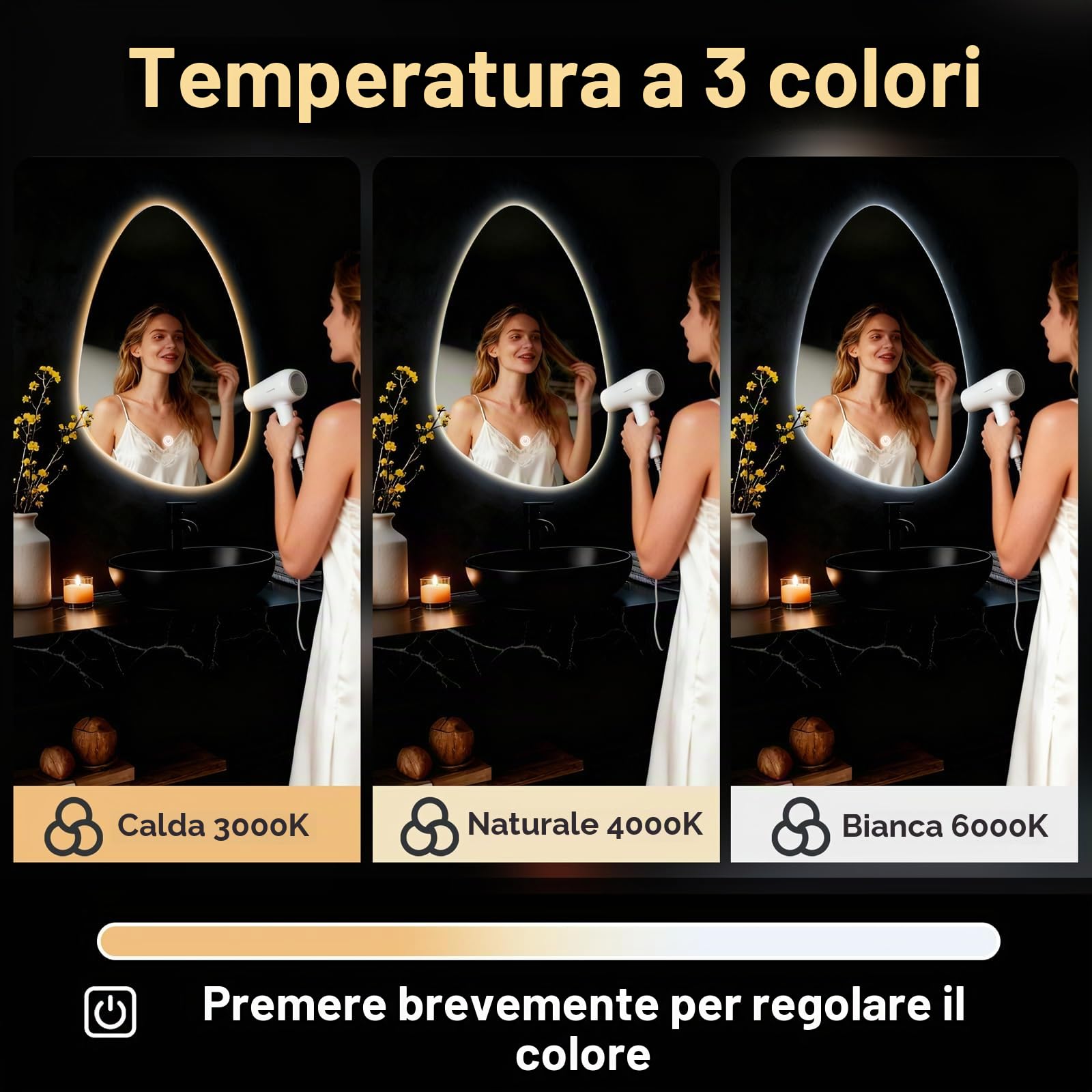 Specchio da parete rotondo per bagno, con illuminazione, specchio con luce LED, interruttore touch e 3 colori dimmerabili (60 L x 40 cm)
