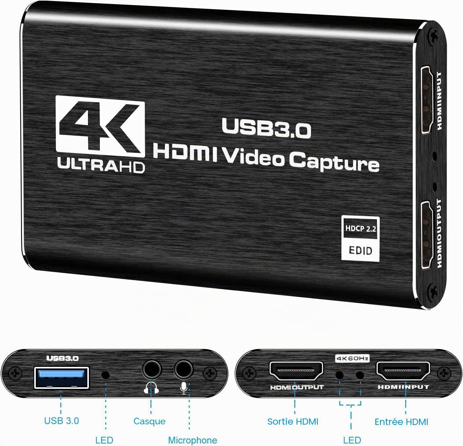 Carte de capture vidéo HDMI Azuxreza pour commutateur, 4K pour le streaming avec USB 3.0 et 2K 30 FPS Game Capture pour Nintendo Switch/PS5/Xbox/PS4/Steam Deck