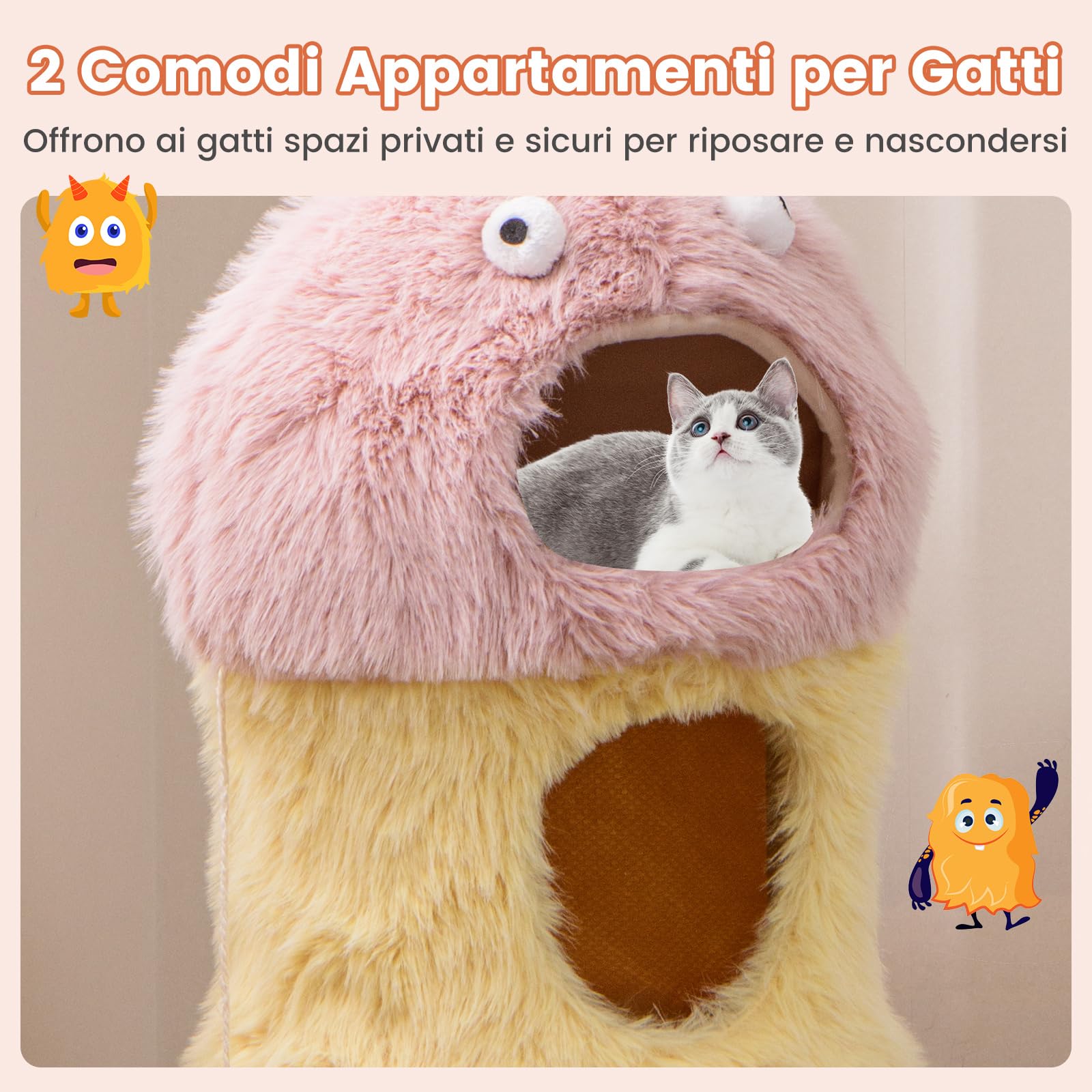 COSTWAY Tiragraffi per Gatti 93 cm, Torre di Gatti a Tema Mostro, Piuma Morbida e Lunga, Palo per Graffio in Sisal e Giocattoli Pendenti, Centro Attività per Gattini a 3 Livelli