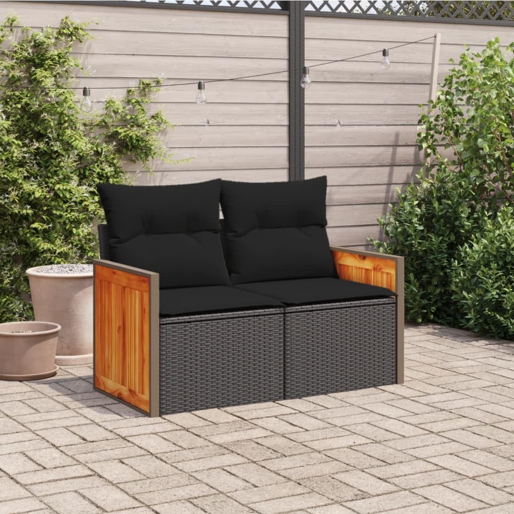 Divano da giardino a 2 posti, nero, in polyrattan con cuscino e schienale, resistente alle intemperie, per balcone, terrazza e giardino d'inverno
