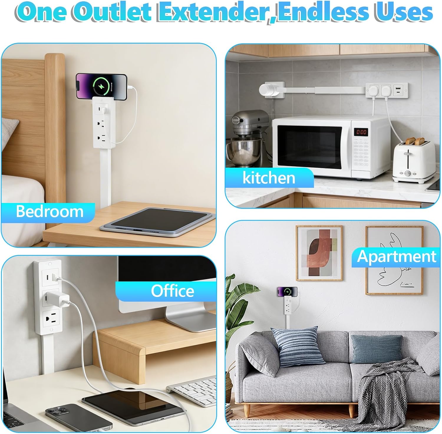Electrical Outlet Extender - Features USB-A, USB-C and 2 AC Outlets, Free Assembly Extends 18-28, Rotates 180°, Plug Extension Outlet Use Behind Sofas, Nightstands, Desks, Office (White)