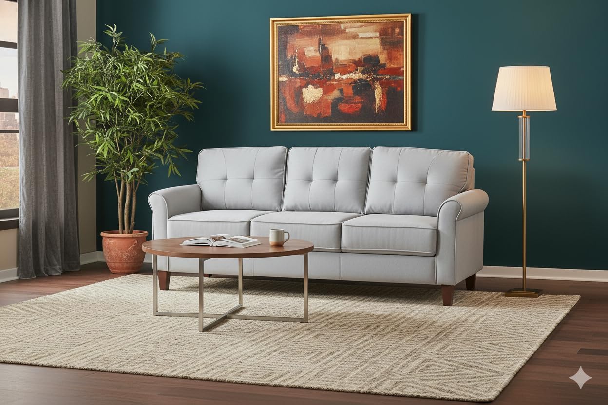 Container Furniture Direct Kouchouk Velvet Comfy Seater for Living Room Furniture Modern Mid Century Chesterfield Couch for Apartment, Bedroom, and Office, Sofa, Light Gray