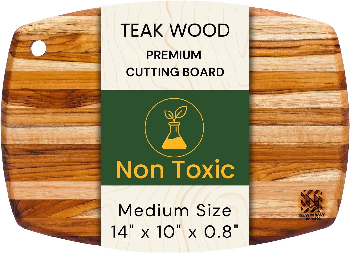 Set of 2 Premium Teak Wood Cutting Board, 14" x 10" x 0.8" Thin Paddle Edge Grain Solid Hardwood for Cheese, Bread & Fruit Serving, Non-Toxic, BPA/Plastic Free Chopping Block by New M Way