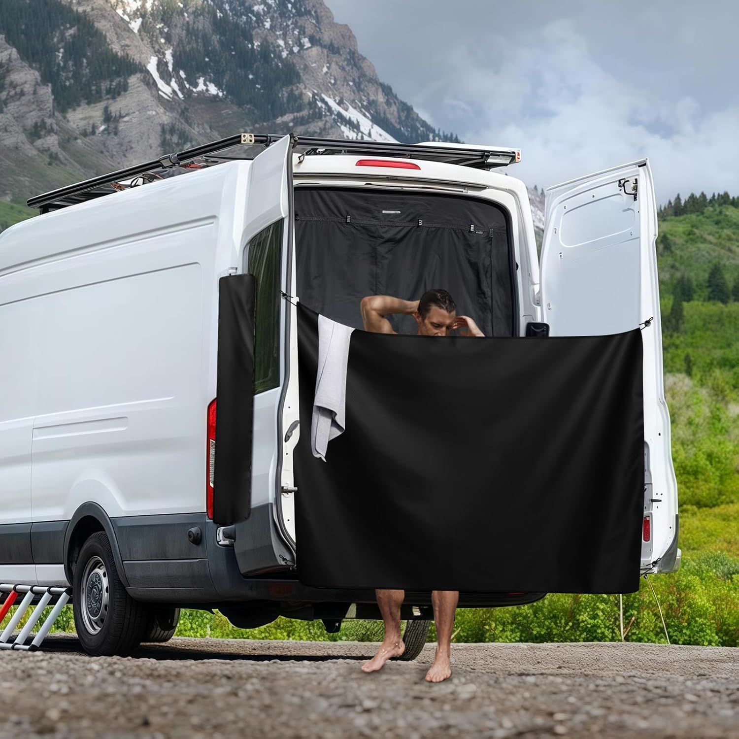 600D Waterproof Oxford RV Truck Rear Door Shower Curtain for Mercedes-Benz Sprinter, Ford Transit, Ram Promaster Vans - Quick Magnetic Installation, Privacy Protection, Includes Storage Bag