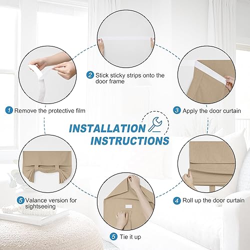Miniatura 10 de RYB HOME Persianas de puerta francesa con mezcla de lino, autoadhesivas, privacidad para oscurecer la habitación, cortinas de ventana de puerta de