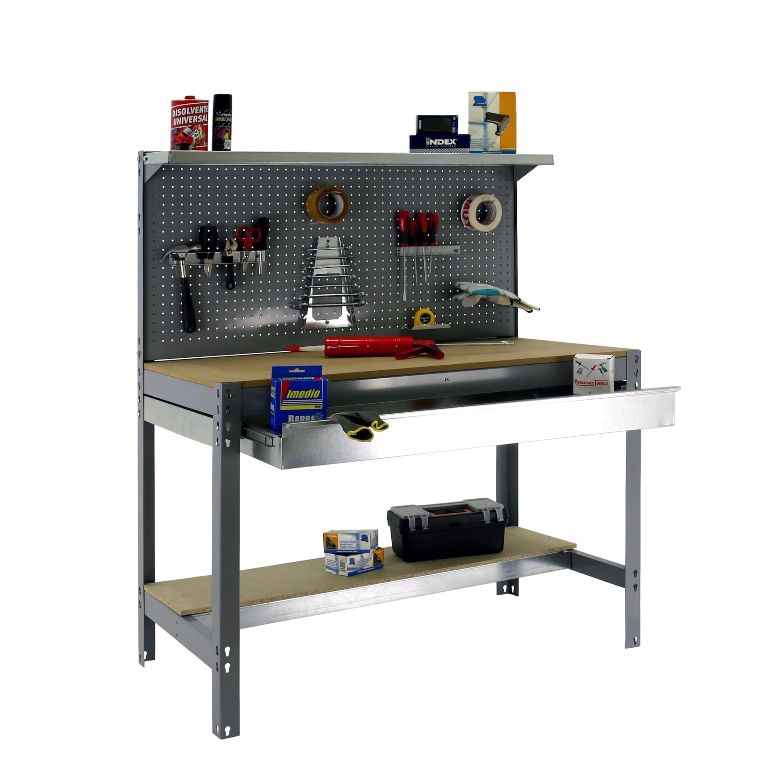 SimonRack Etabli d’Atelier, Capacité de Charge 600 kg, 1445x1210x610 mm, Panneau Perforé avec 1 Étagère, Étagère Tiroir de Rangement, Table de Travail Bricolage, Gris/Bois - BT3