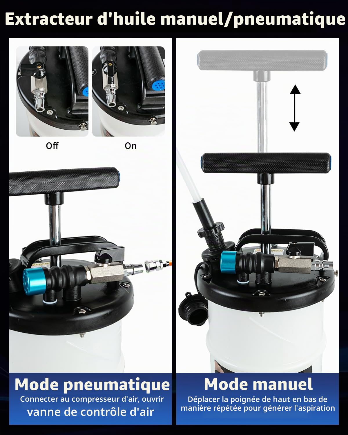 ATPEAM Pompe à Vidange Huile Moteur 6.5L Manuelle et Pneumatique, Extracteur de Fluide pour Voitures et Motos avec Tuyau d'Aspiration