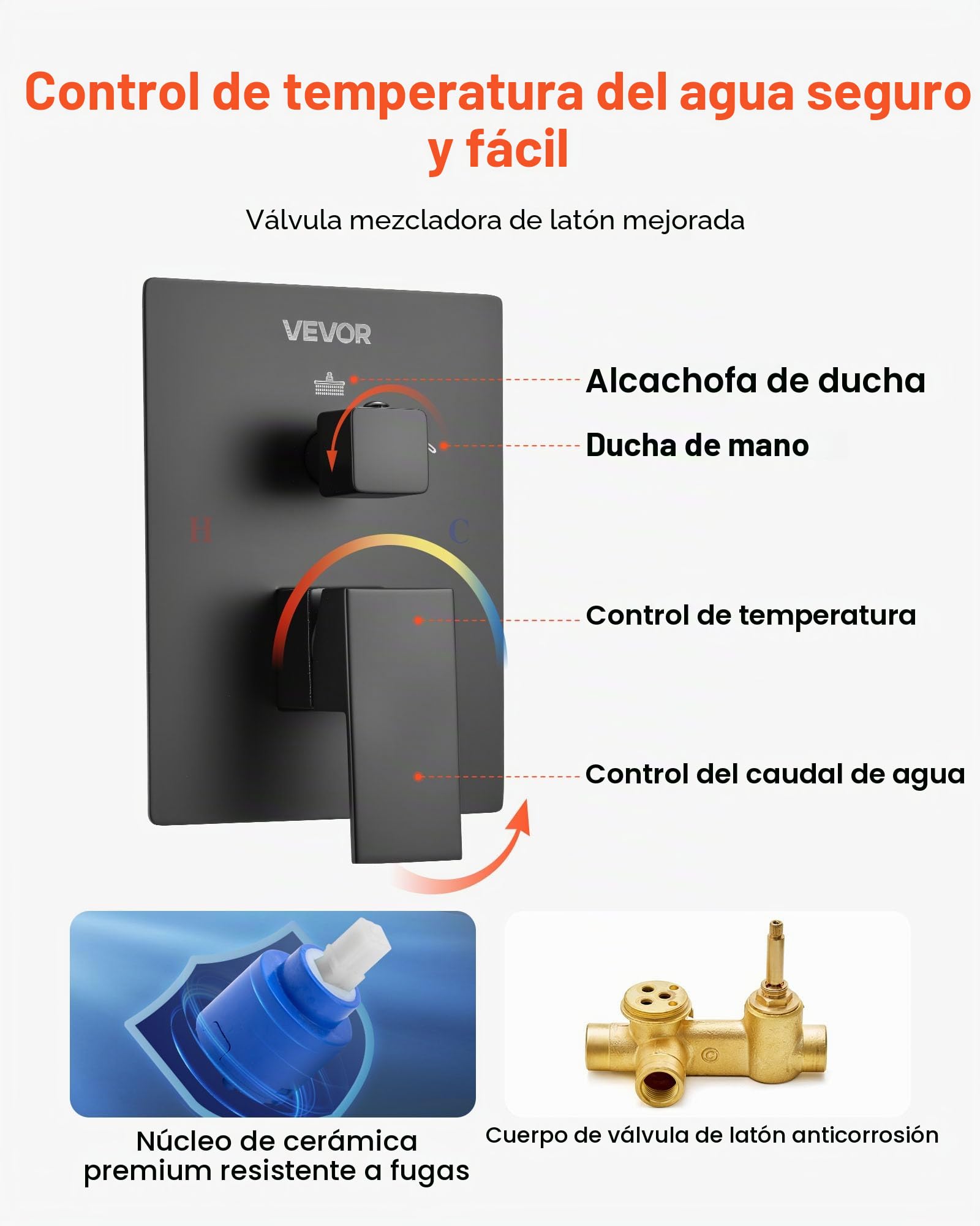 VEVOR Juego de Grifo de Ducha de Lluvia con Cabezal de Ducha cuadrado de 20,3 cm y Rociador de Mano, Grifería de Baño de Pared con Válvula de Latón y Kit de Embellecedor, 6,7 L/min, Negro Mate