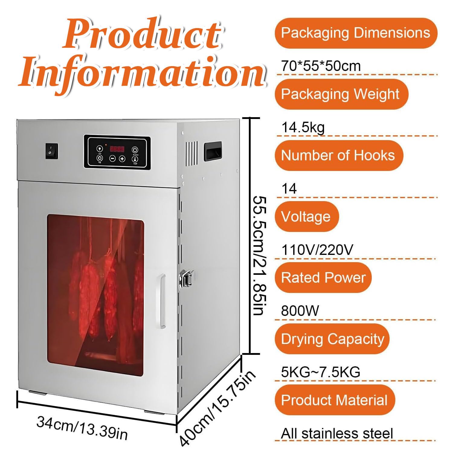 Essiccatore per Alimenti e Scatola per Biltong da 800 W, Armadio per Essiccazione in Acciaio Inossidabile, essiccatore per Alimenti per Carne secca con Controllo Digitale