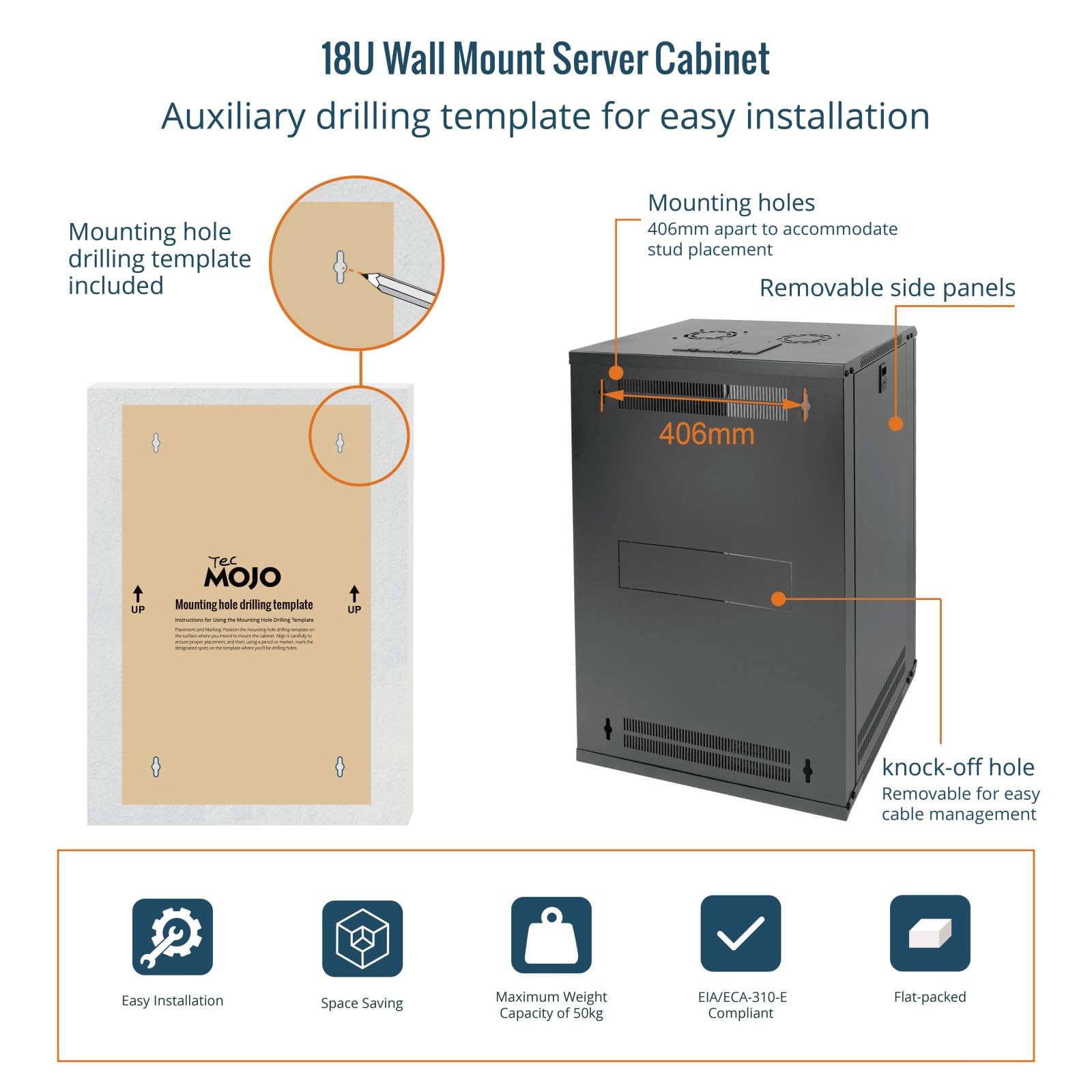 Tecmojo 19 Zoll 18HE 450 mm Tief Netzwerk-Schrank, Wand-Serverschrank, 19 Zoll IT-Netzwerk-Rack-Gehäuse, abschließbare Tür und Seitenwände, Glastür, Schwarz, Flachverpackung