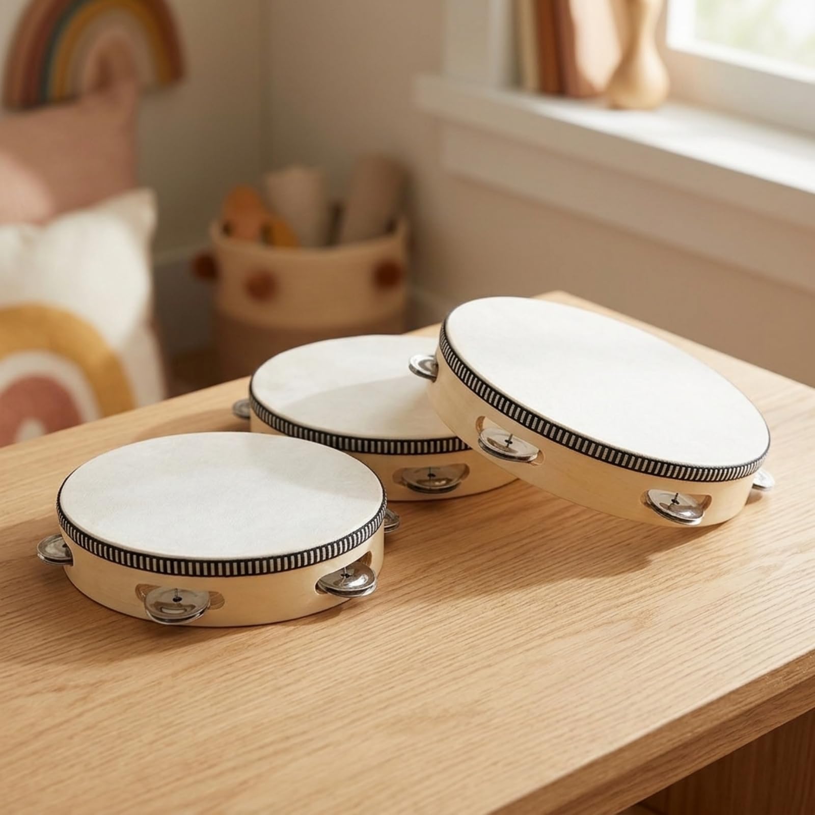 4 Pezzi Tamburello Leggero Tamburello in Legno con Campanelli Metallici Facile da Usare Tamburo a Mano per Bambini, Asilo