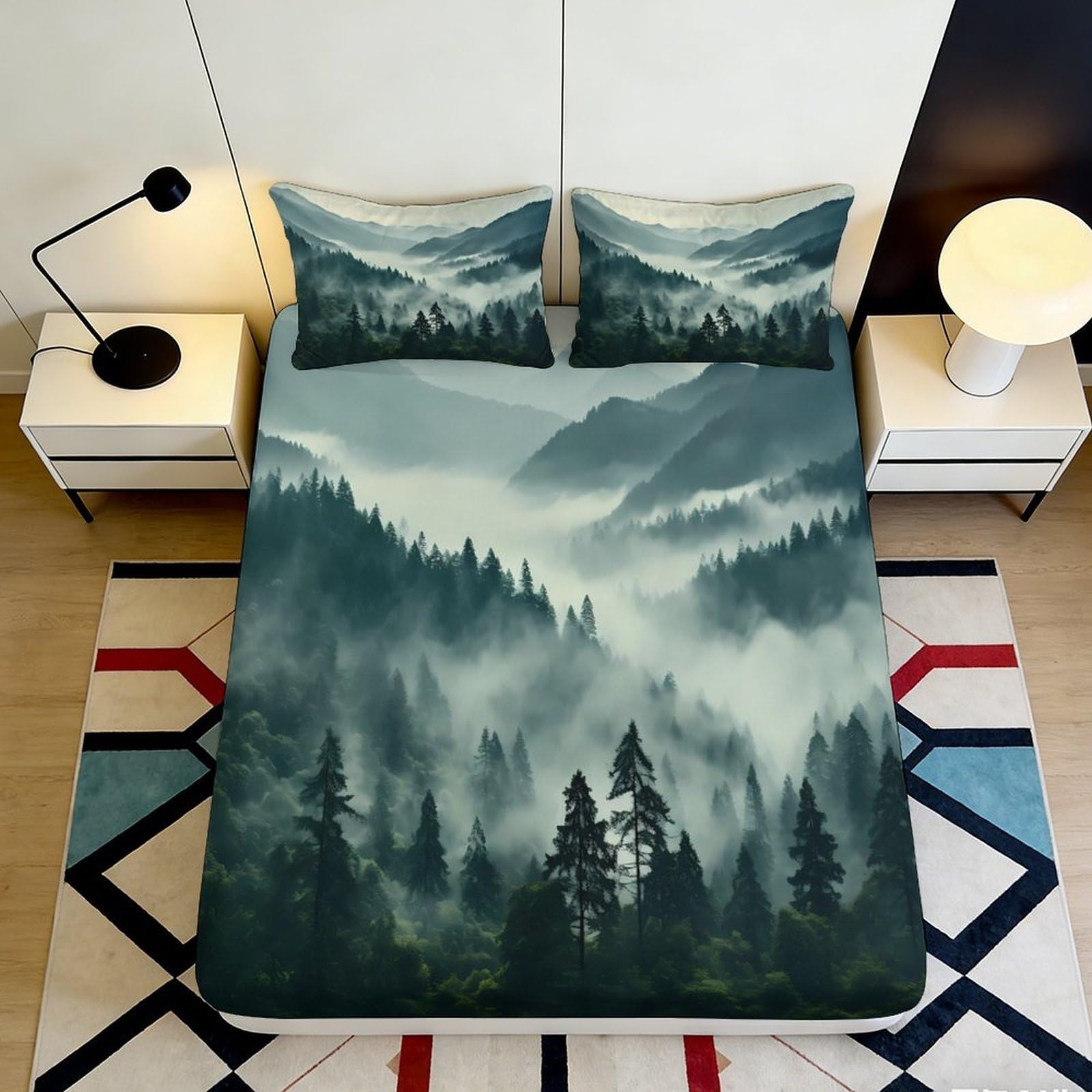 3D Printed Misty Forest Landscape Fitted Sheet Microfiber Soft Green Mountain View Mattress Cover for Bedroom Guest Room Decor 90x200x25cm
