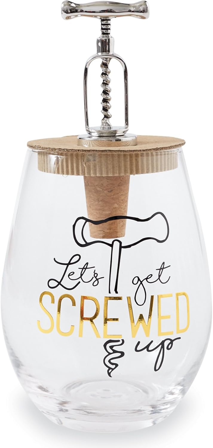 Mud Pie Stopper Set Screwed Up Stemless Wine Glass, 16 oz
