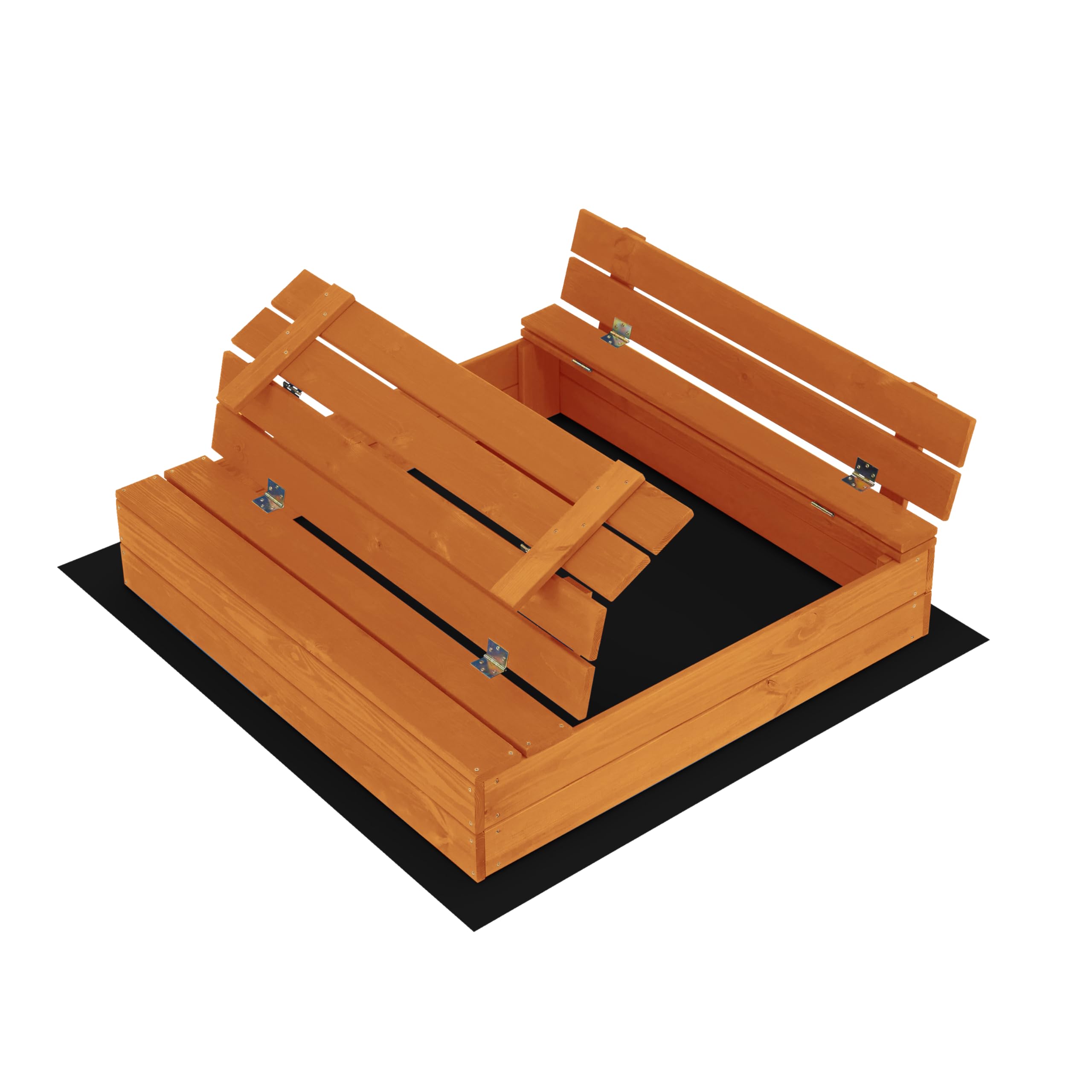 SunWood Sandkasten 100x100 cm Imprägniert Premium Sandbox mit Abdeckung Sitzbänken Deckel Plane Sandkiste Holz Kiefer Sandkastenvlies Amber-Imprägniert