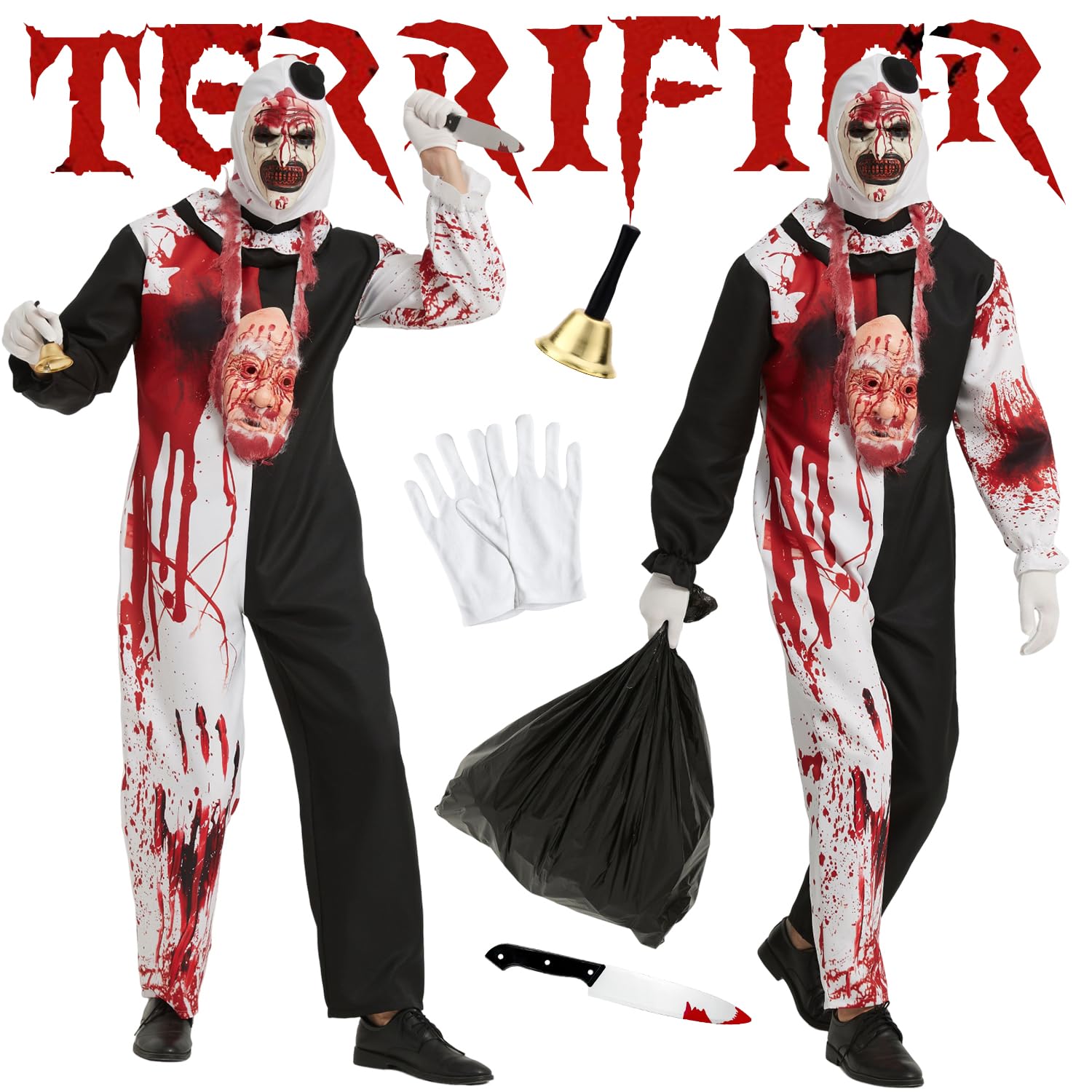 7 Stück Terrifier Kostüm, Art the Clown Costume, Outfits der Killer Clown Overall mit Maske und Weihnachtsmann Gesicht, Movie Terrifier 3 Kostüm für Erwachsene Halloween Karneval Cosplay