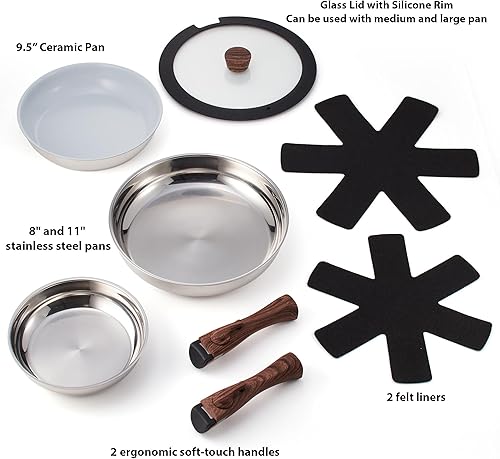 Miniatura 3 de Ergo Chef Pro Series - Juego de 8 sartenes inteligentes, asas extraíbles, ahorro de espacio para cocinas, caravanas y campamentos. Compatible con