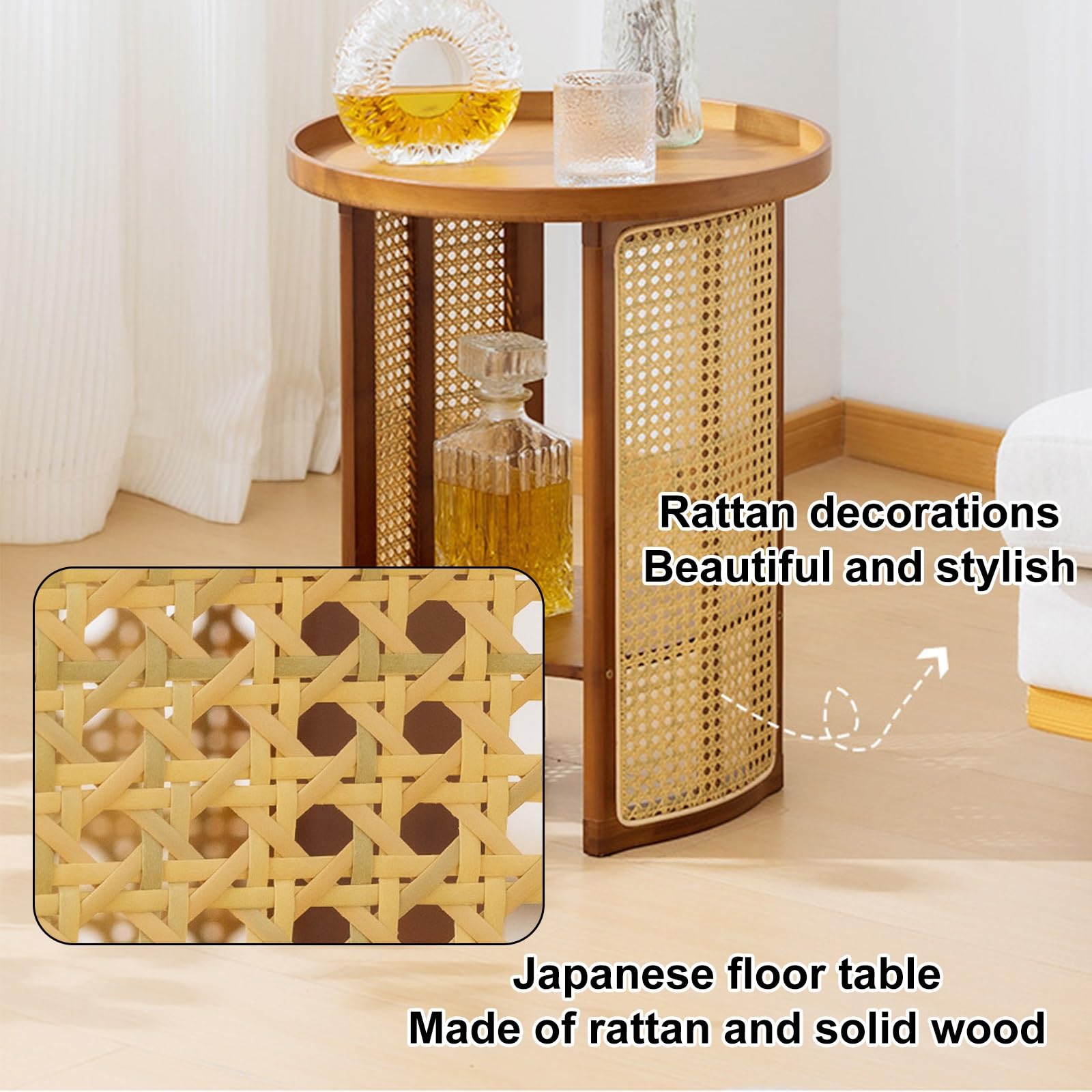Okrągły, Rattanowy Stolik Kawowy w Stylu Japońskim, Stolik Kawowy z Tatami, Rama z Litego Drewna, Udźwig 80 Kg, do Sypialni i Salonów(Brown,45x56cm/18x22in)