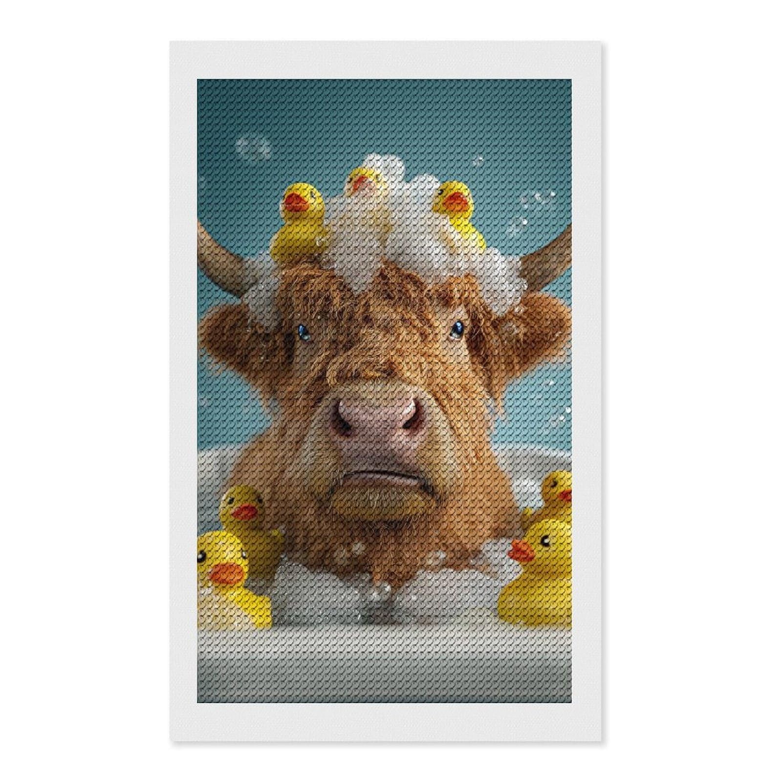 Junmoney Highland Cow Bath Time with Ducks Diamond Painting Set 12"x20", Sparkling Round Gems, Decorate Your Room, Fun Craft Experience, Modern Decor