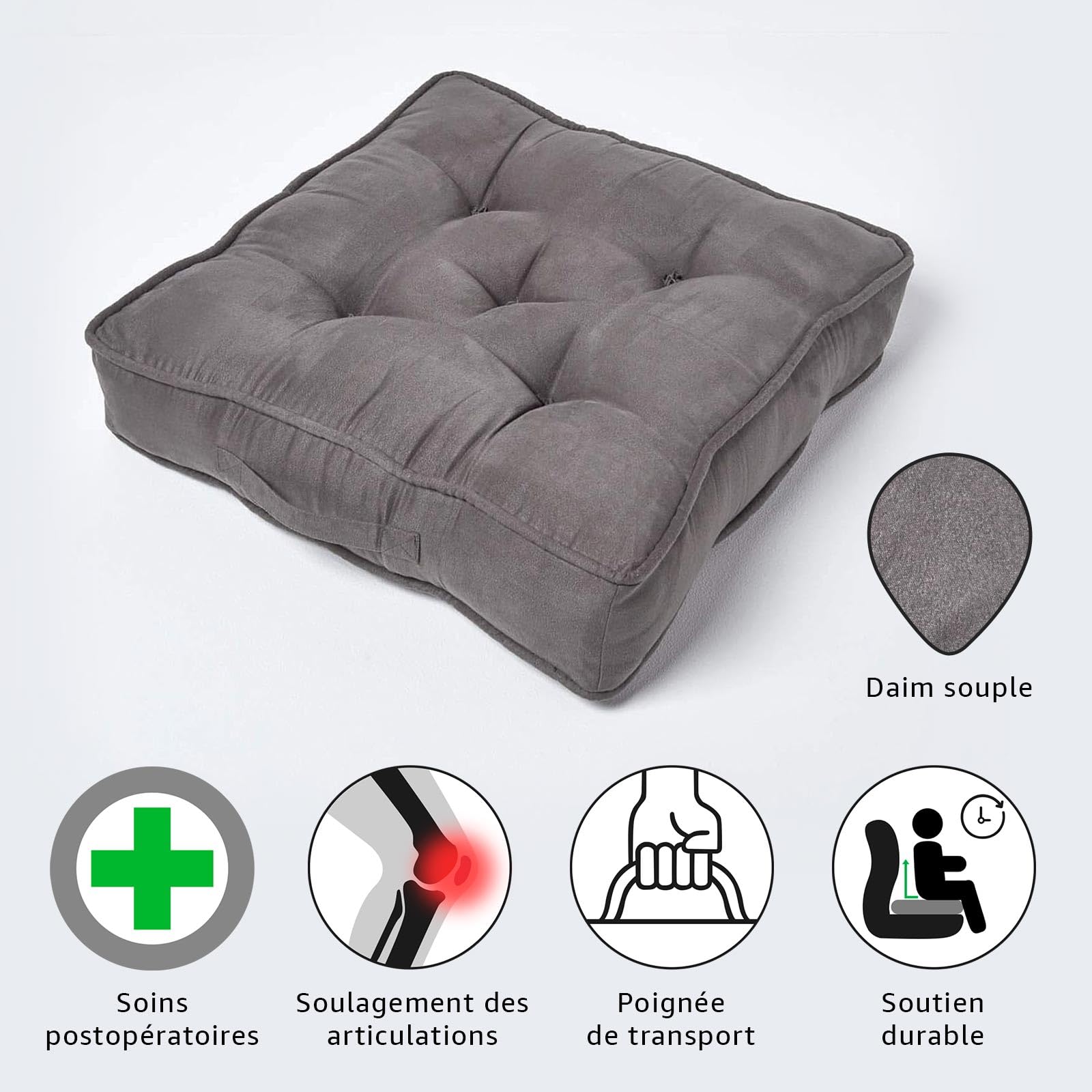 HOMESCAPES Coussin d’Assise rehausseur, Coussin de Sol en suédine Gris foncé, 50 x 50 x 10 cm