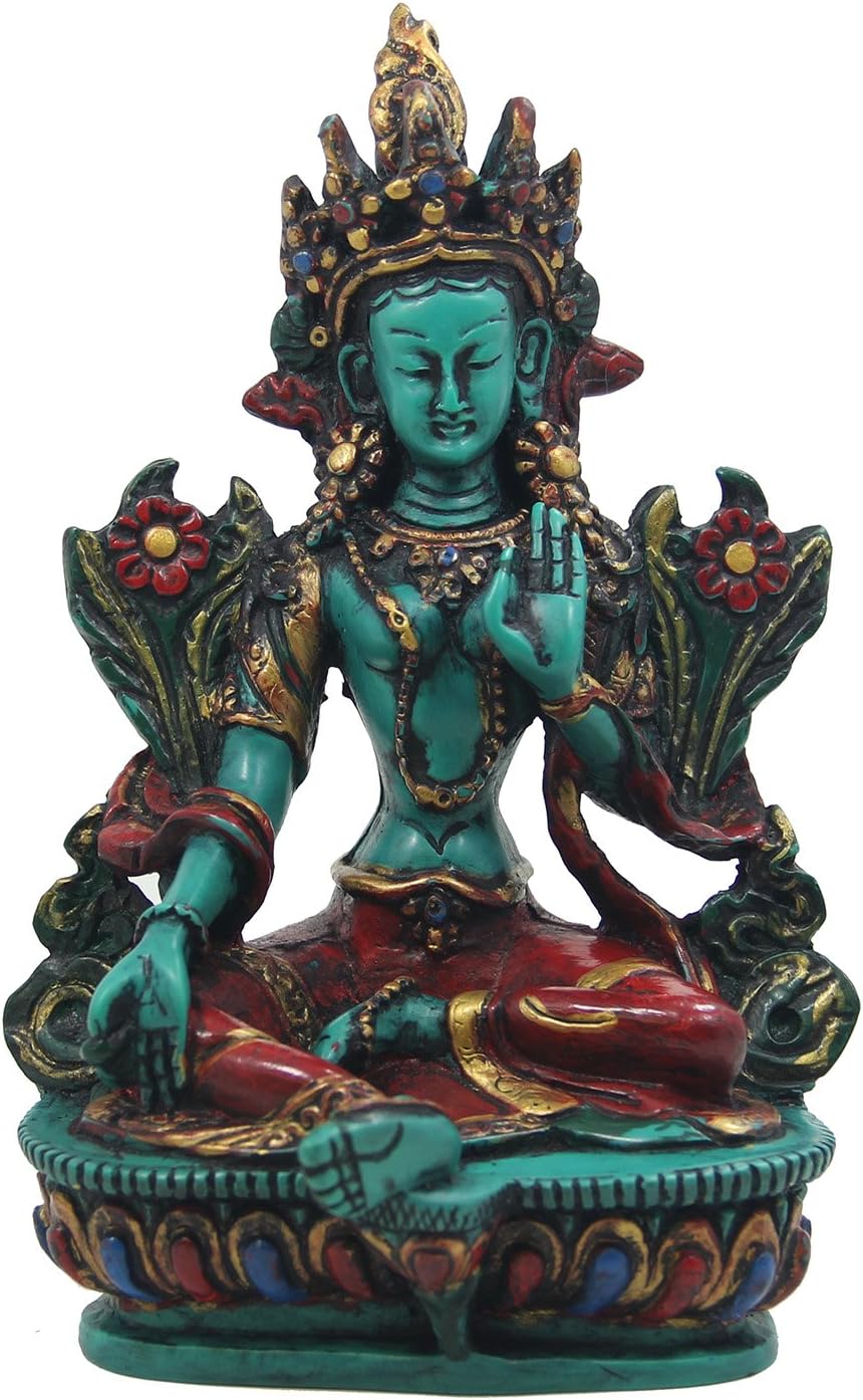 DharmaObjects Large Tibetan Green Tara Resin Statue Female Buddha 6" Tall