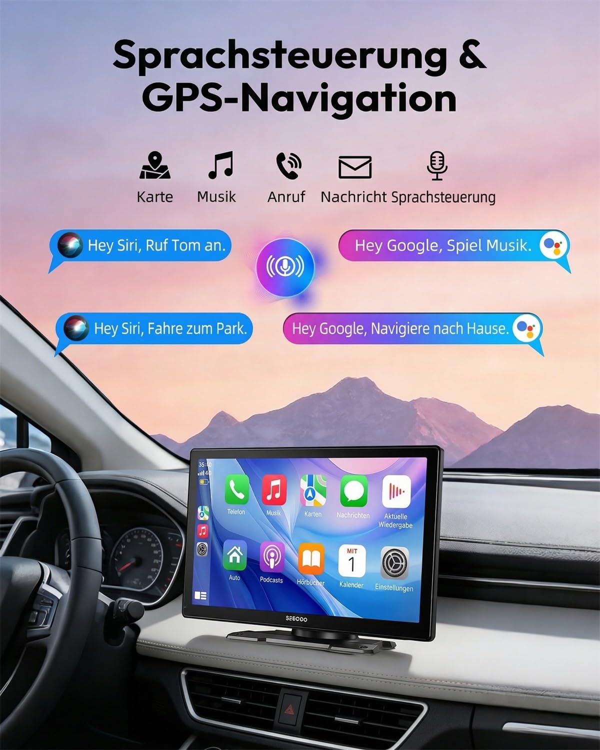 ESSGOO Carplay Android Auto Display mit Rückfahrkamera,9 Zoll Carplay Bildschirm für Apple/Android Auto/AirPlay/Mirror Link,Wireless Touchscreen GPS Navigation,mit Bluetooth5.3,AUX,FM,Sprachassistent