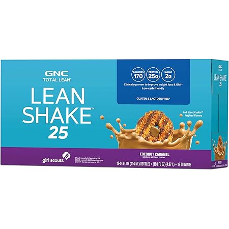 GNC Total Lean | Lean Shake 25, To Go Bottles | Low-Carb Protein Shake to Improve Weight Loss & BMI | Girl Scouts Coconut Caramel | 12 Pack
