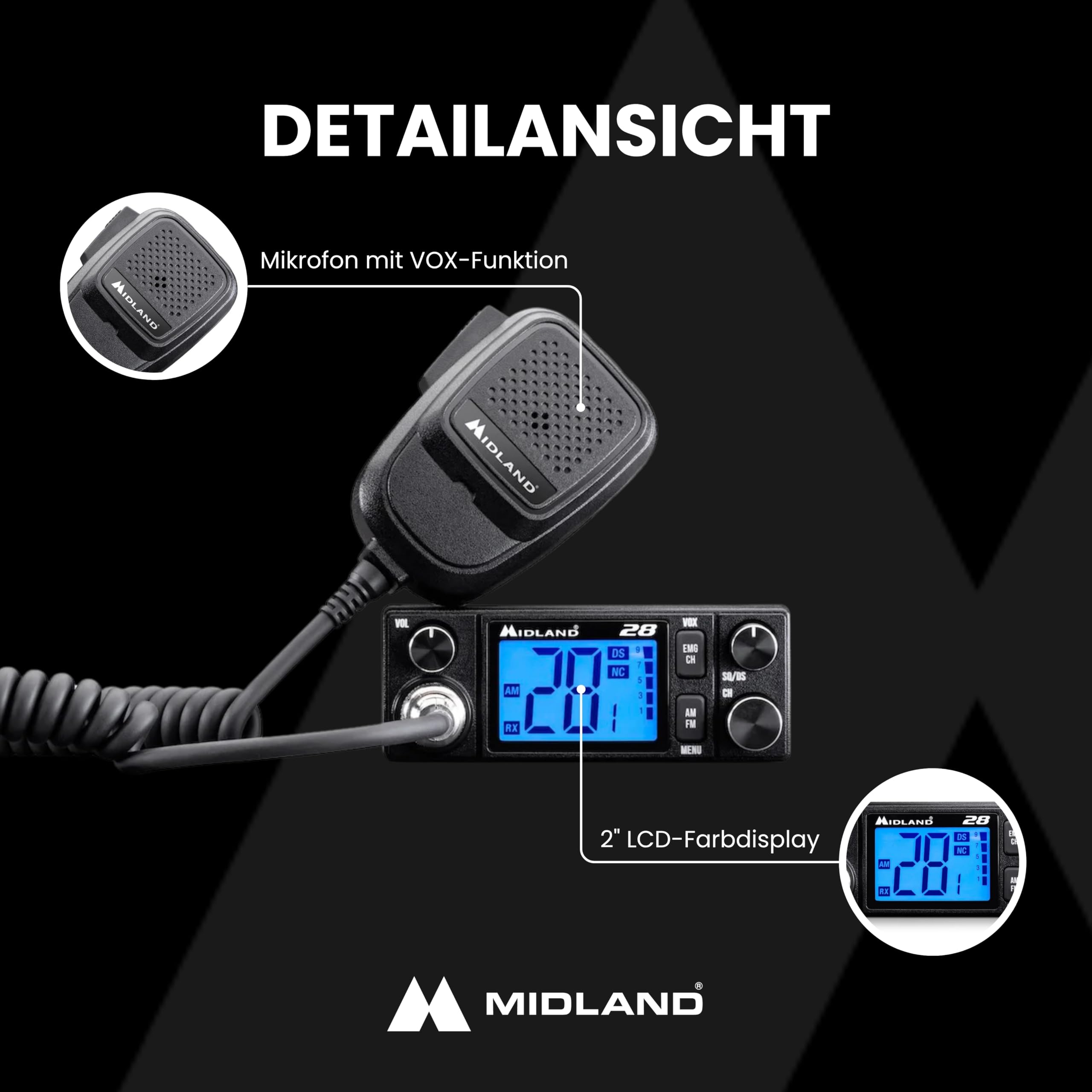 Midland 28 CB-Funkgerät mit 2" LCD-Display, VOX Freisprechfunktion, Noise-Canceling, 12/24V, Multistandard, RF-Verstärkung, für Auto und LKW, schwarz