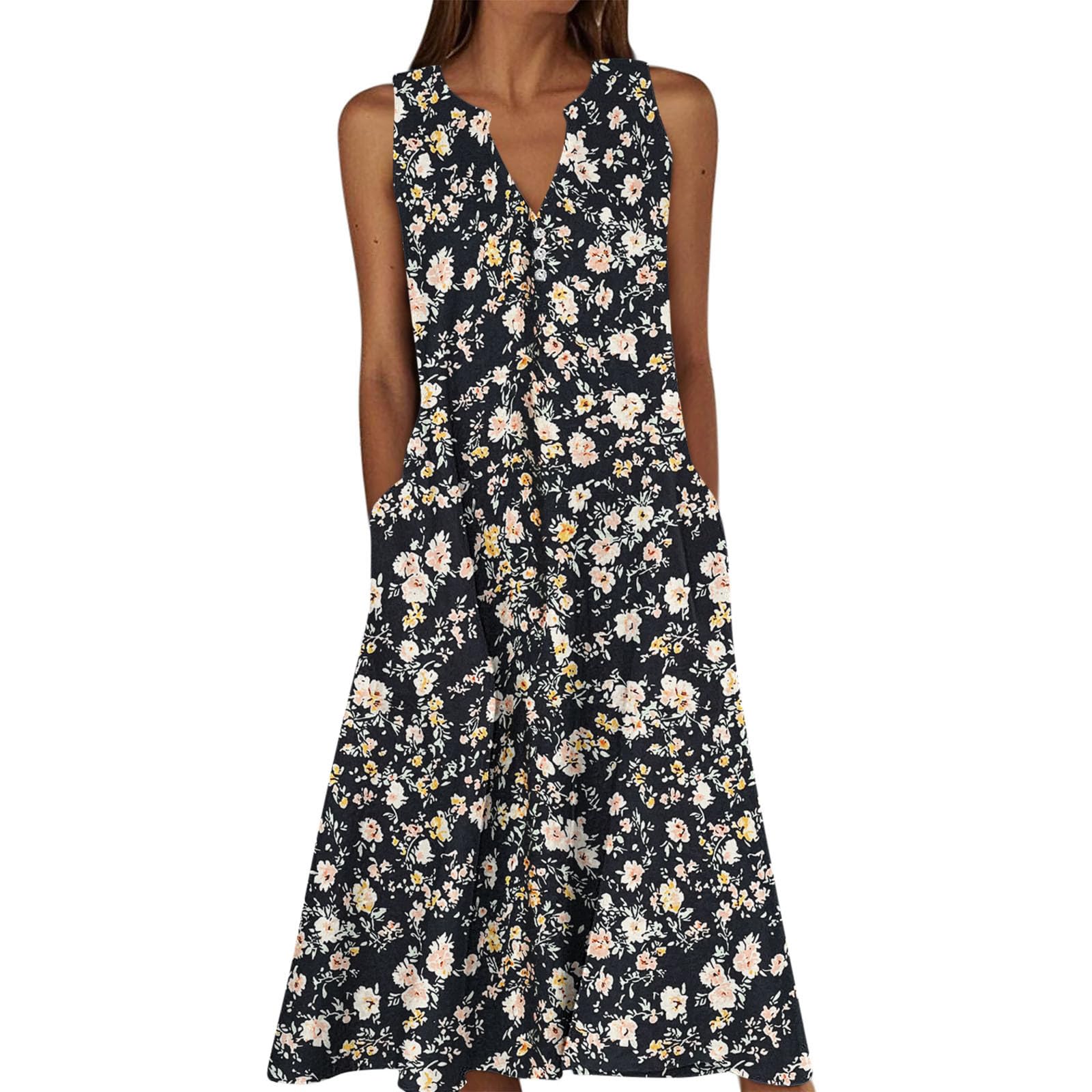 Summer Floral Print Midi Dresses for Women Boho Sleeveless V Neck Tank Dress Beach Vacation Sundress with Pockets — view 19