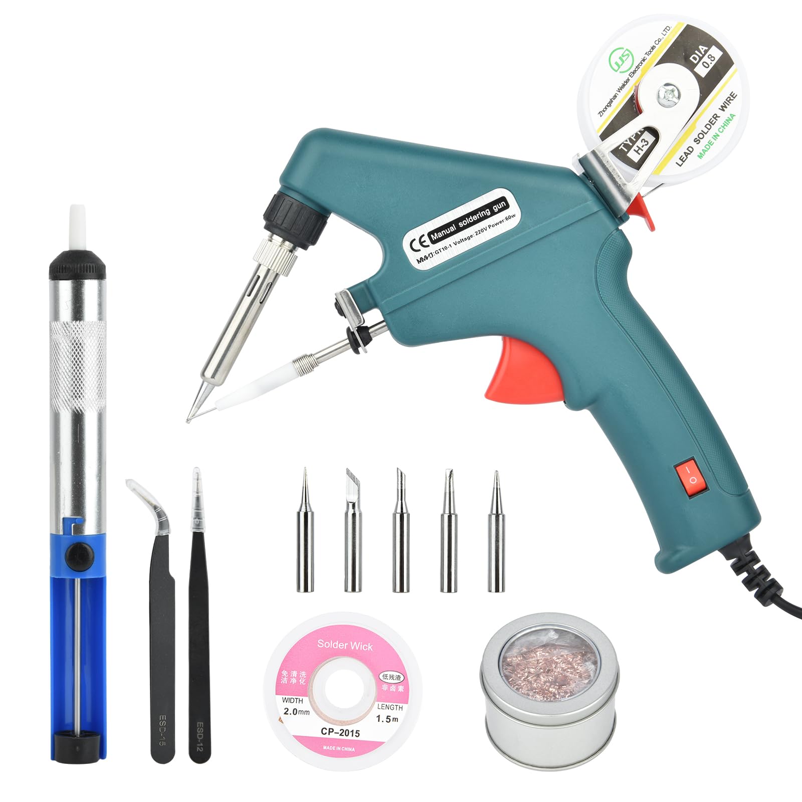Kit de pistola de soldadura electrónica de 60 W, juego de 5 puntas de soldadura, bomba desoldadora, pinzas, cables de soldadura para reparación de coches, joyas, bricolaje, reparación de placas de