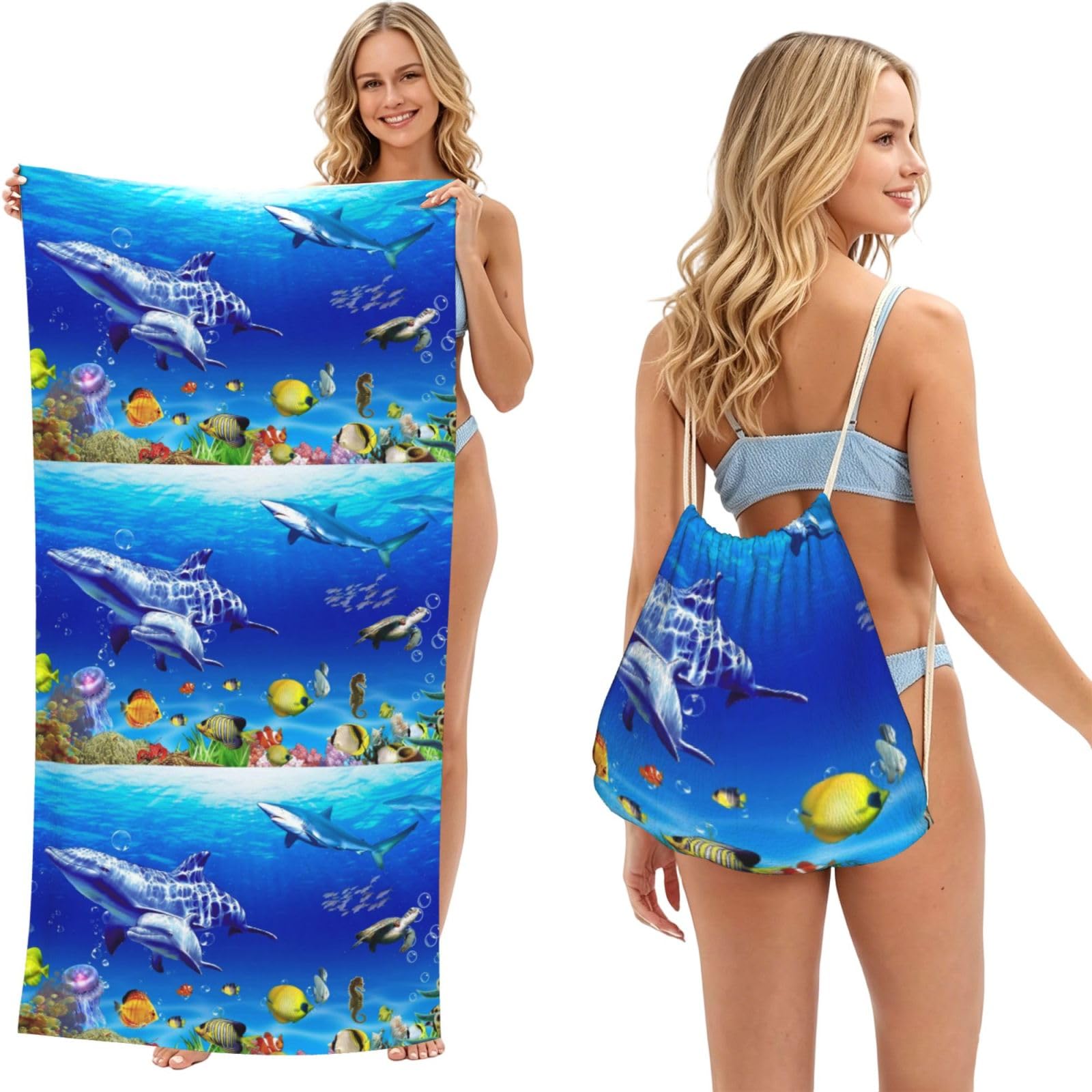 Poadnly As Picture Seabed Coral Fish, 2 In 1 Packable Towel Bag, Beach Towels With Drawstring Backpack For Travel Holiday Camping